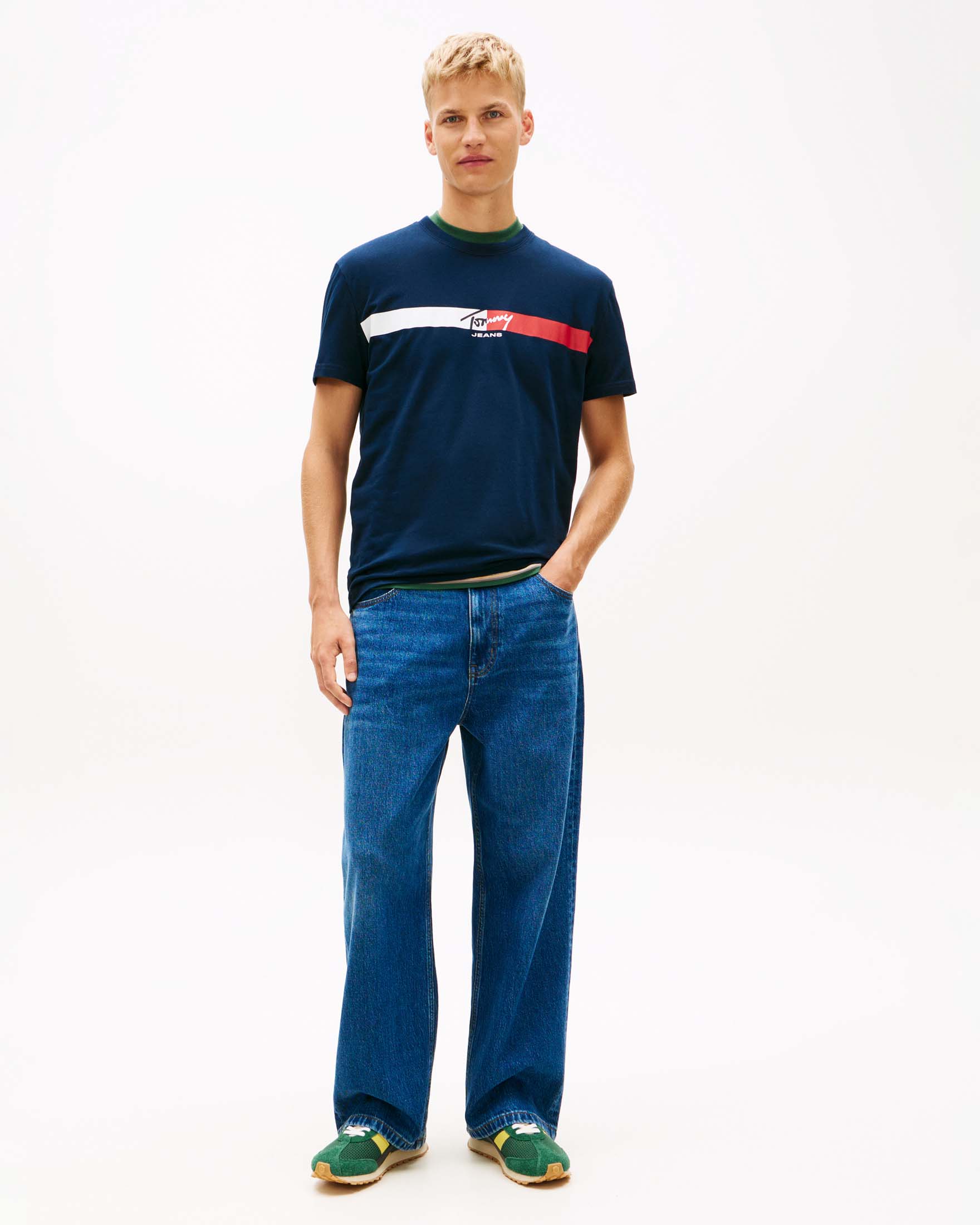 T-shirt mezza manica Tommy Jeans blu in cotone con fascia bicolore e stampa logo sul petto
