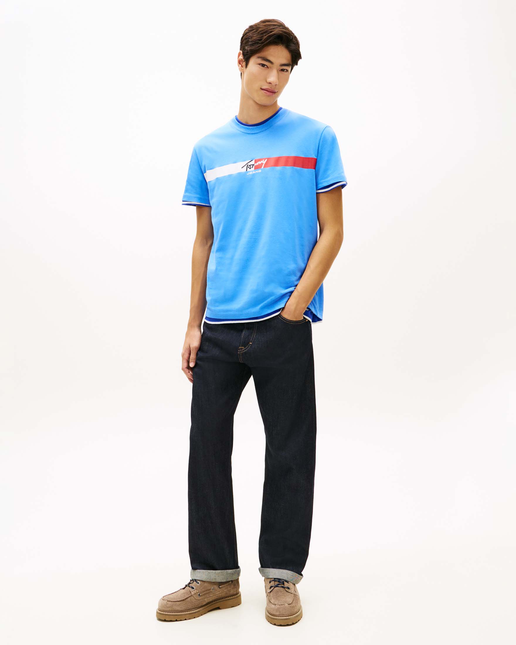 T-shirt mezza manica celeste in cotone con fascia bicolore e stampa logo sul petto
