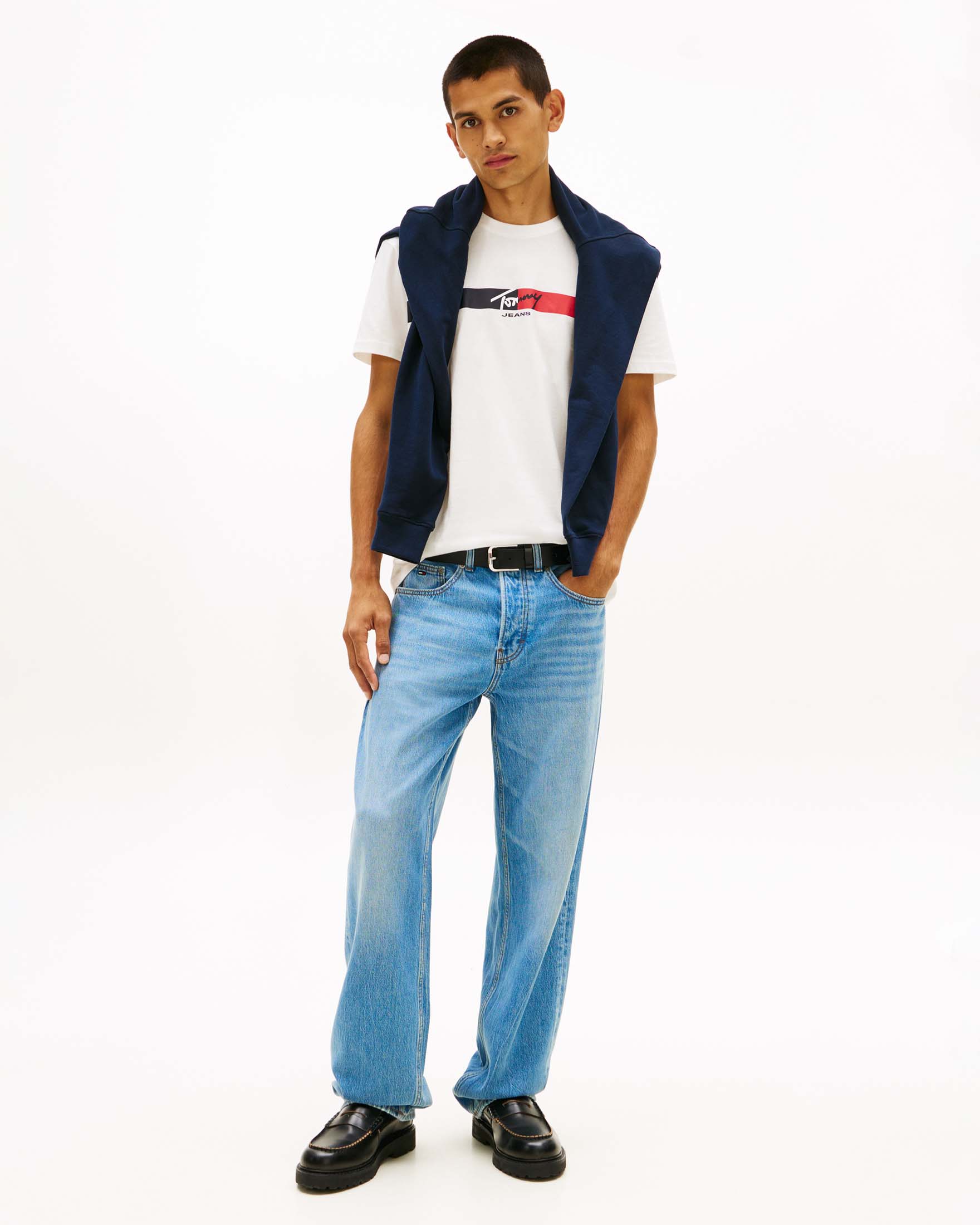 T-shirt mezza manica Tommy Jeans panna in cotone con fascia bicolore e stampa logo sul petto