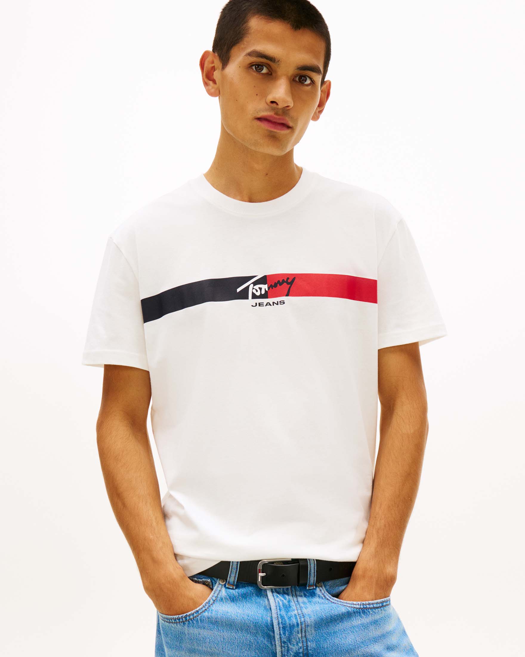T-shirt mezza manica Tommy Jeans panna in cotone con fascia bicolore e stampa logo sul petto image