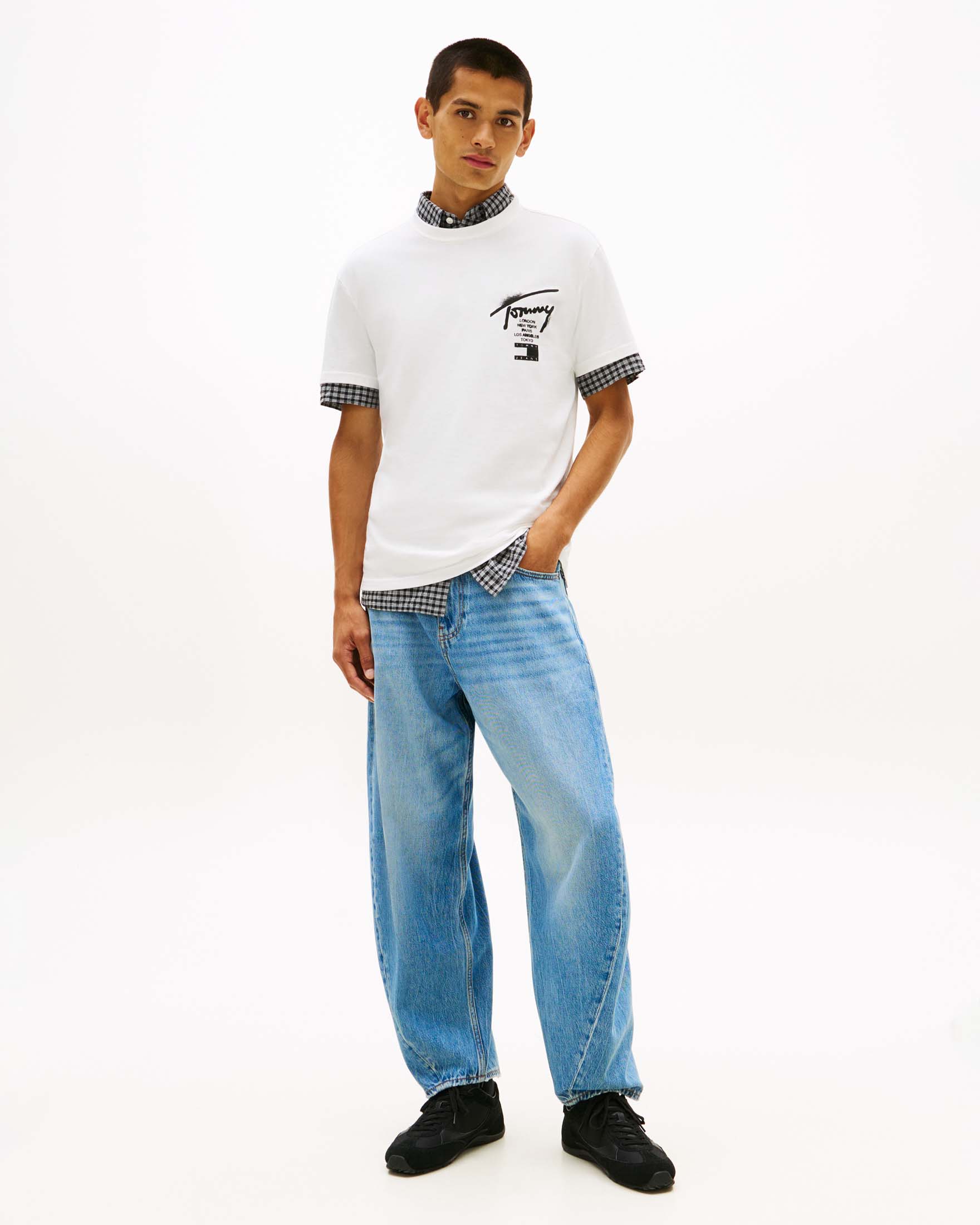 T-shirt girocollo bianca in cotone con stampa logo fronte e retro