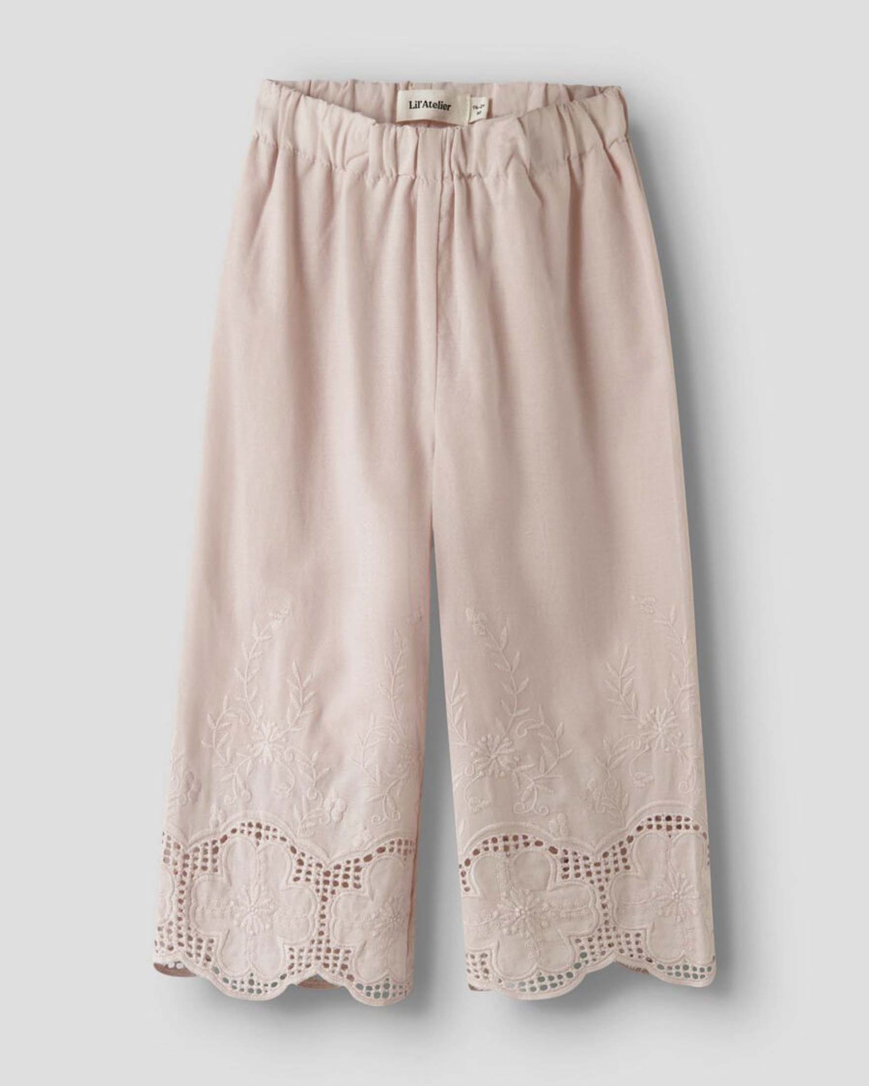 Pantalone palazzo Lil'Atelier rosa in puro cotone ricamato