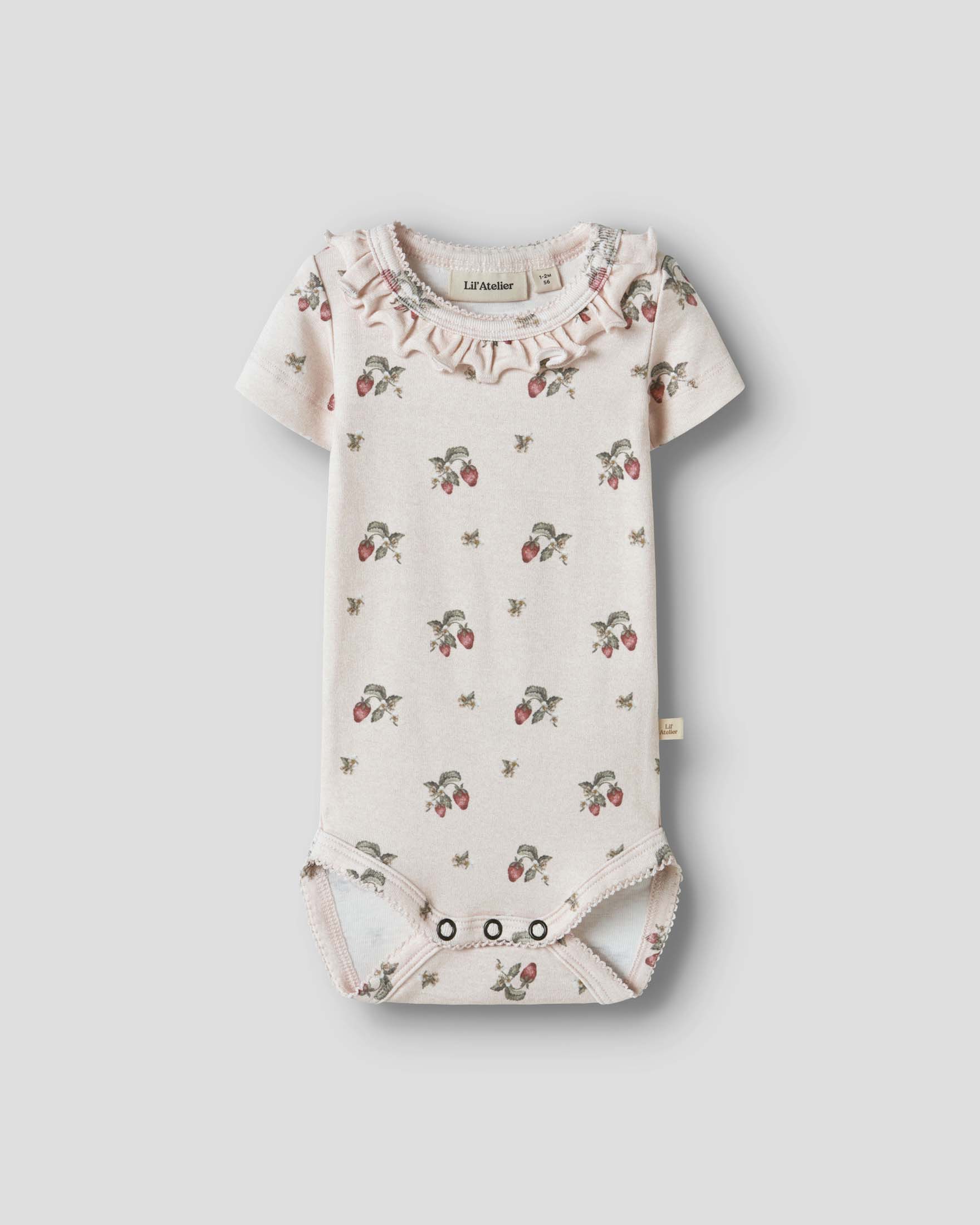 Body Lil'Atelier rosa in cotone stretch a maniche corte con stampa fragoline