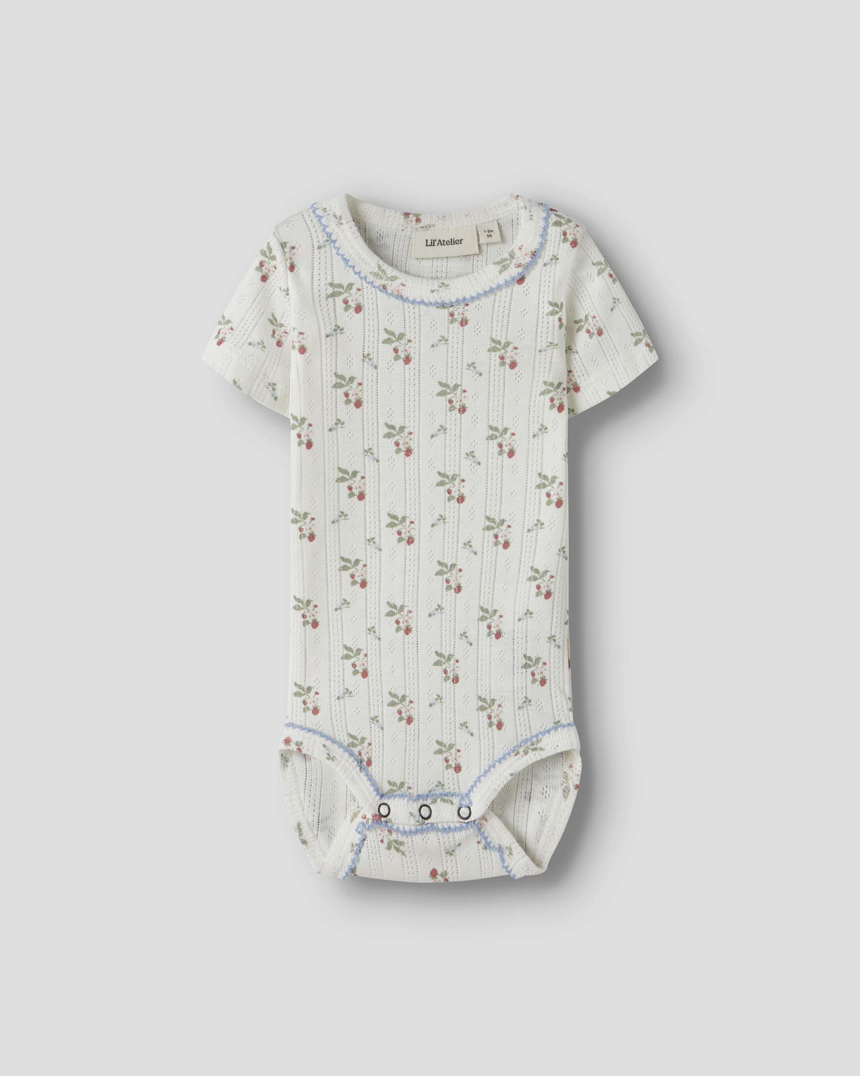 Body Lil'Atelier avorio in cotone punzonato a maniche corte con stampa fragoline