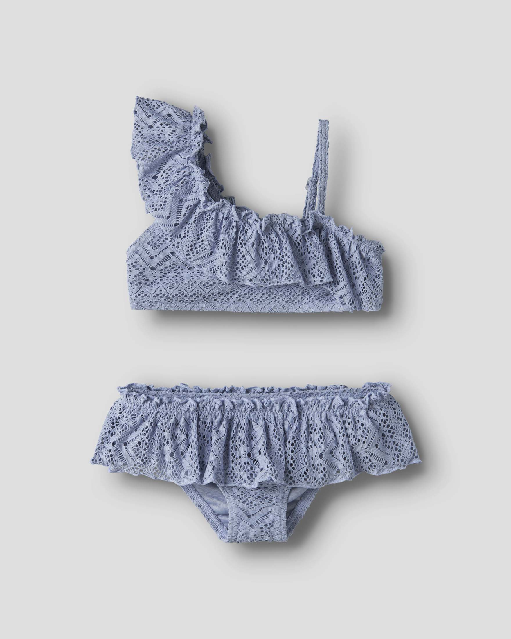 Bikini Lil'Atelier monospalla azzurro con rouches e pizzo