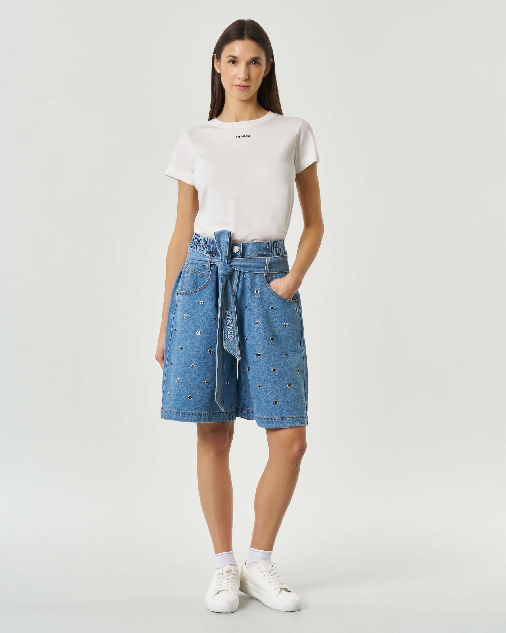 Bermuda in denim con cintura da annodare e arricciatura in vita