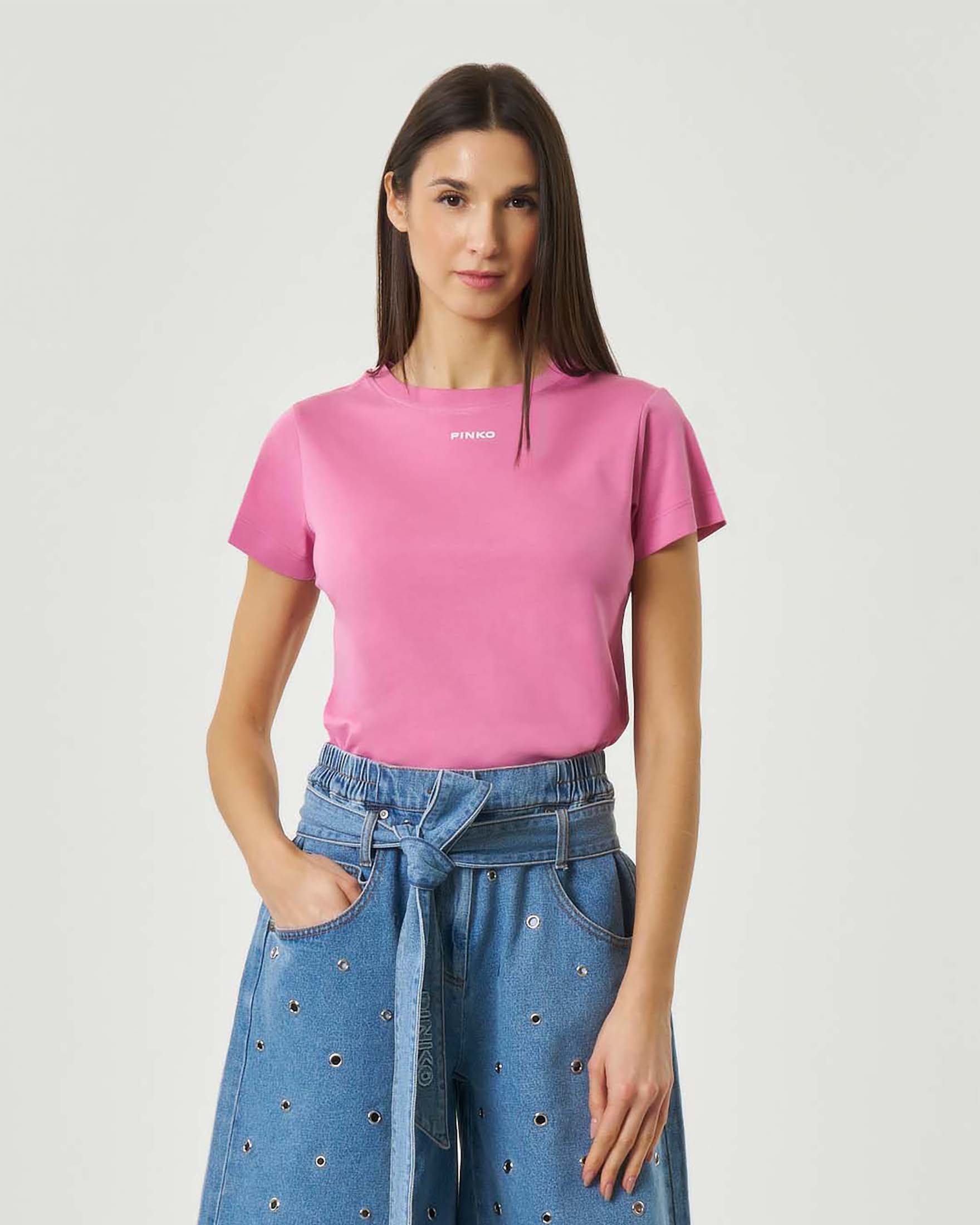 T-shirt girocollo fucsia a maniche corte Pinko in cotone con piccola scritta logo