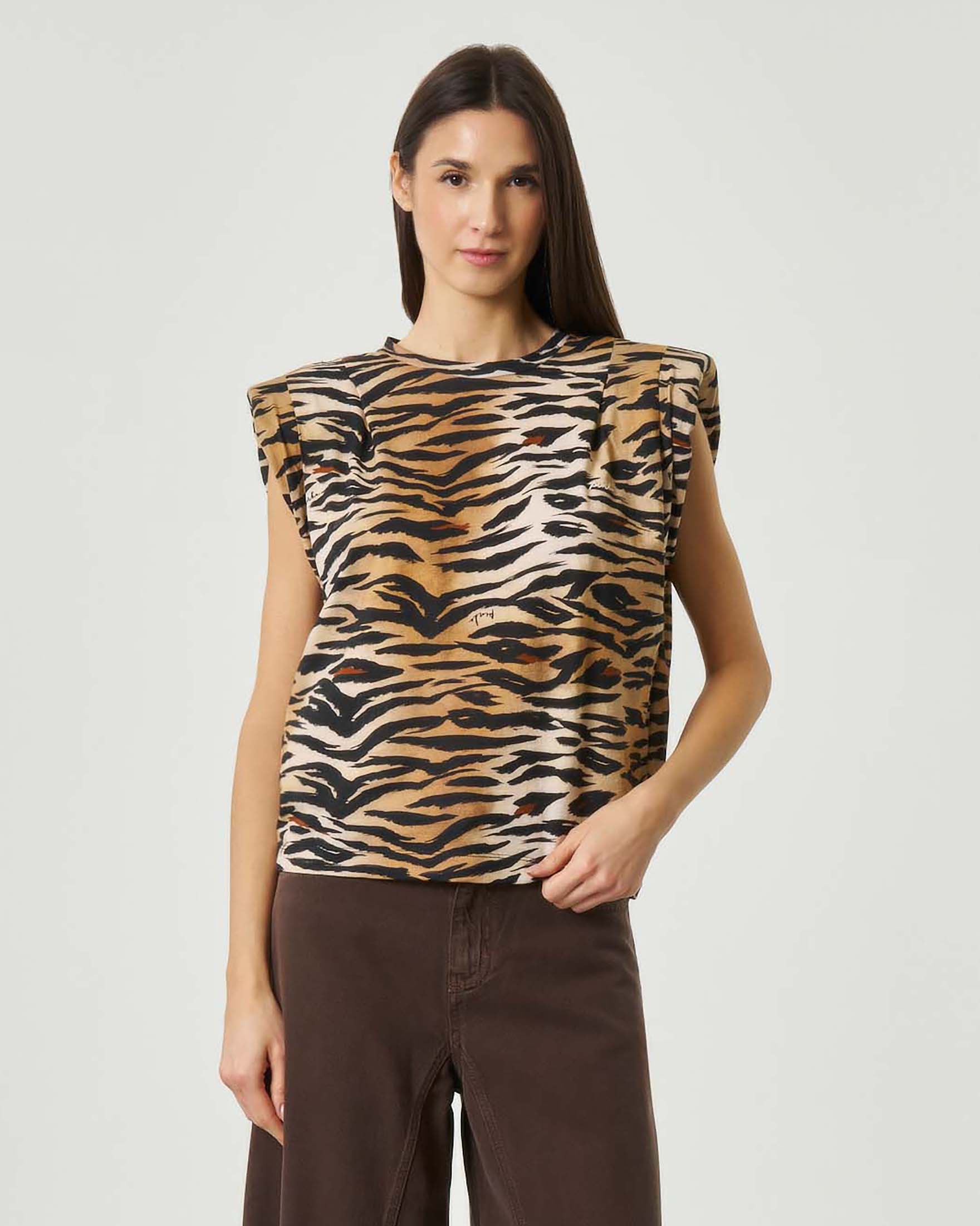 T-shirt girocollo smanicata Pinko con stampa animalier ed effetto drappeggiato