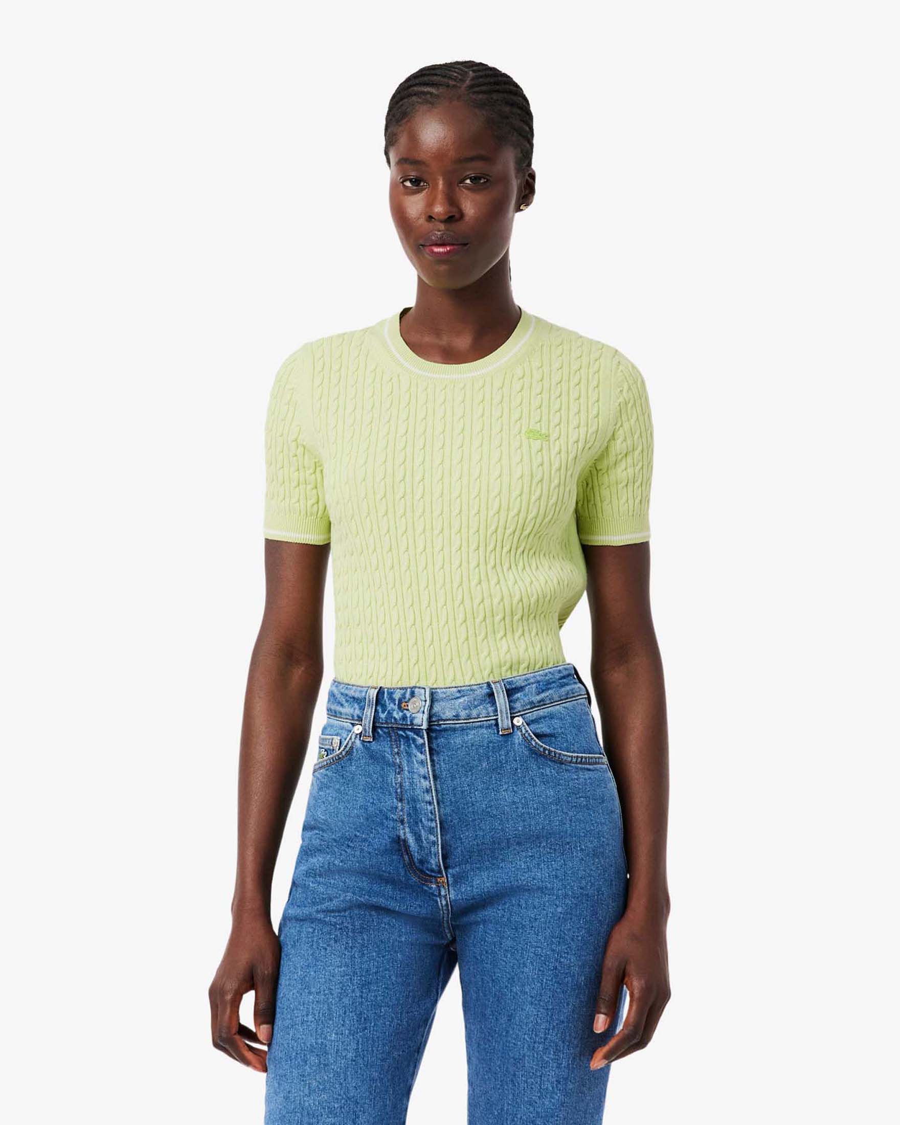 Maglia a maniche corte color lime Lacoste in cotone a trecce con scollo a giro e bordino