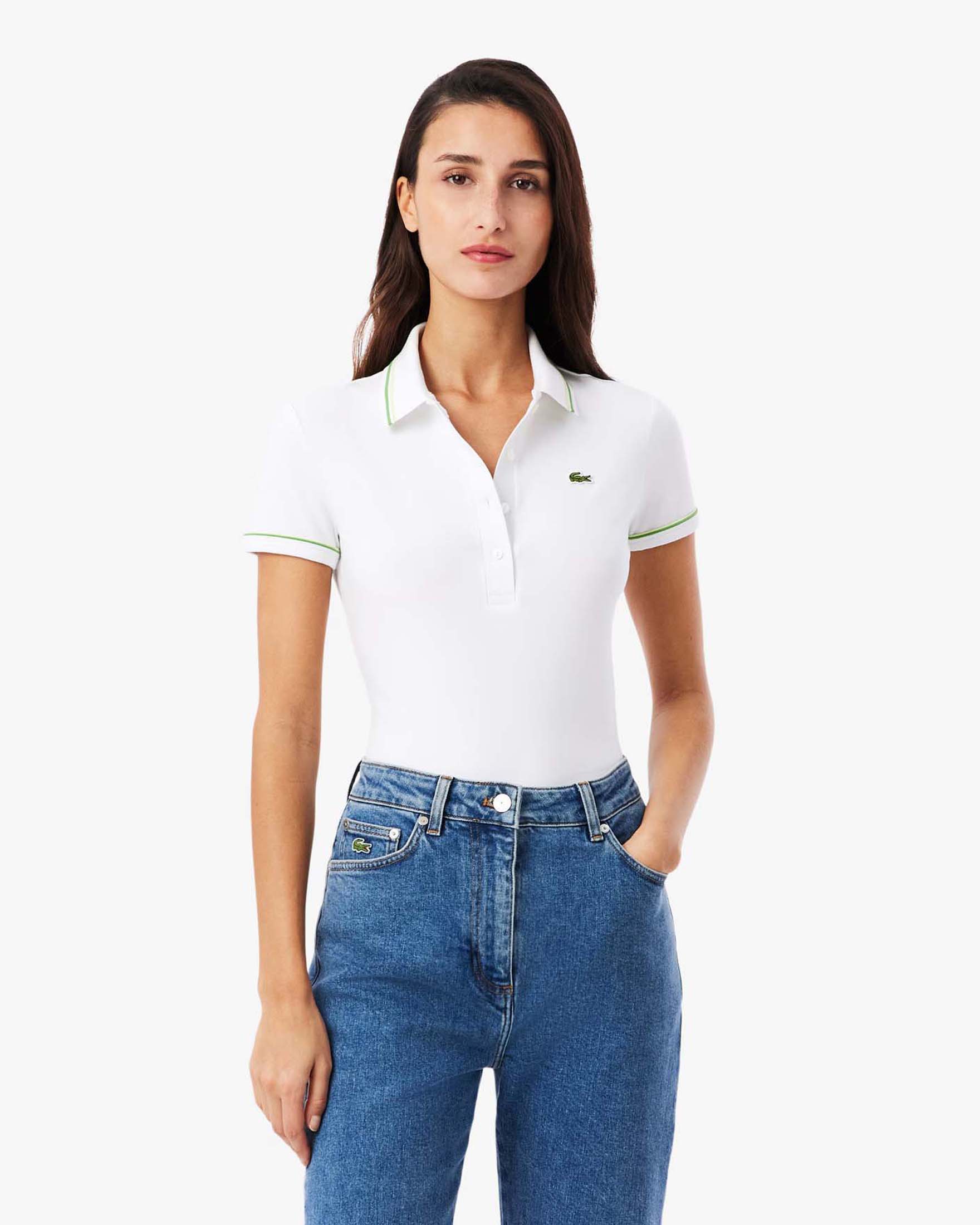 Polo slim-fit bianca Lacoste con bordino verde e lime in cotone elasticizzato