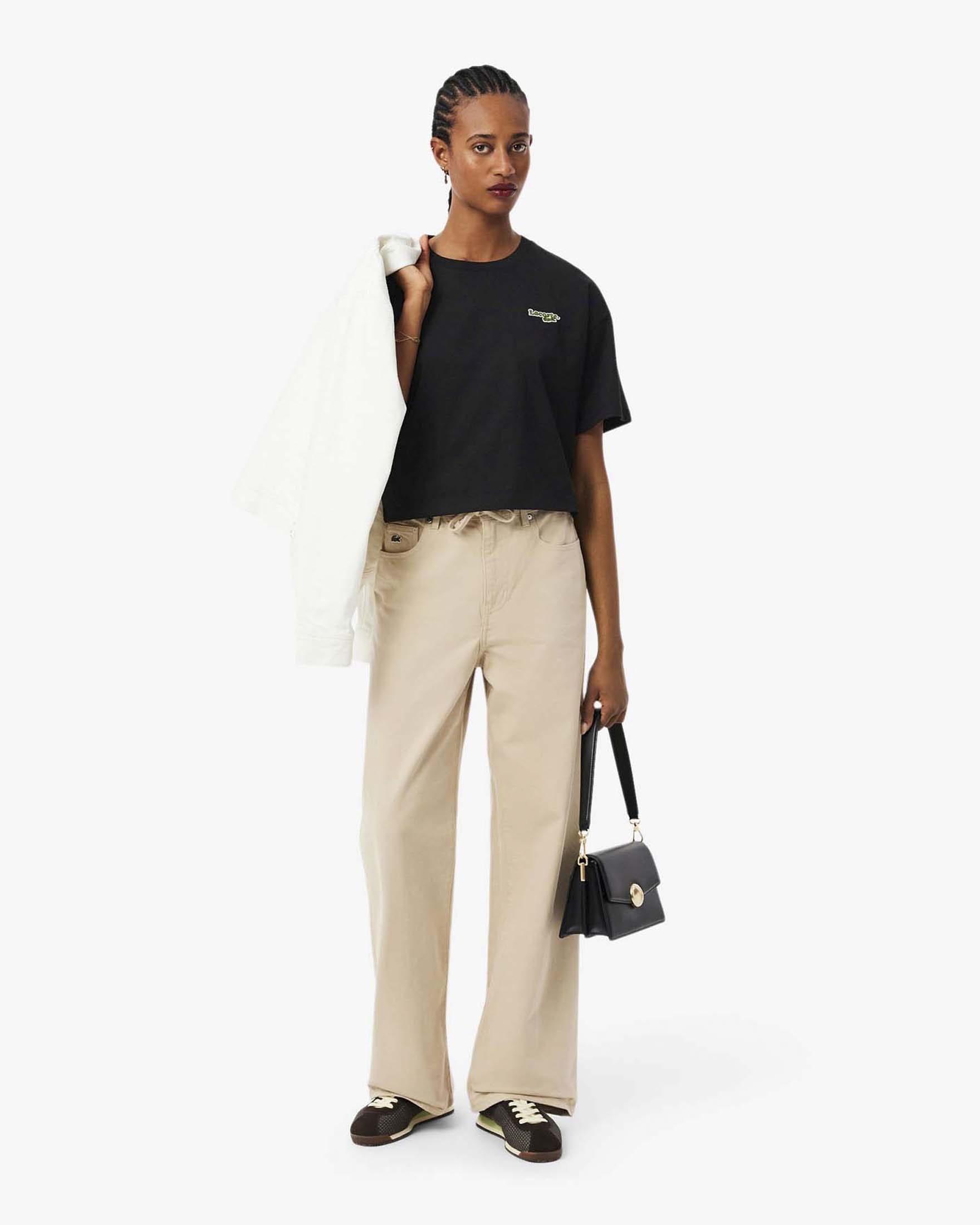 T-shirt cropped nera girocollo Lacoste in jersey di cotone
