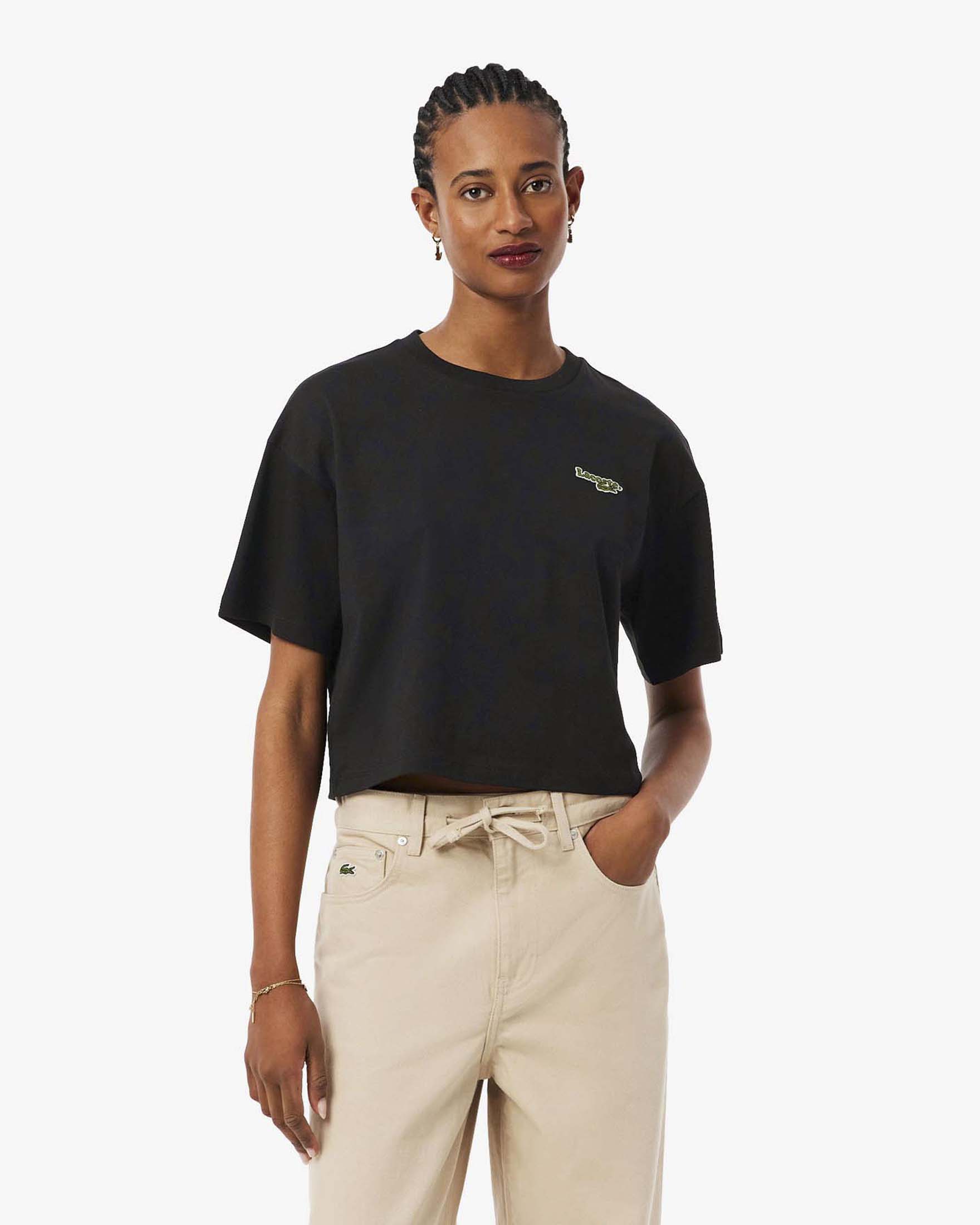 T-shirt cropped nera girocollo Lacoste in jersey di cotone image