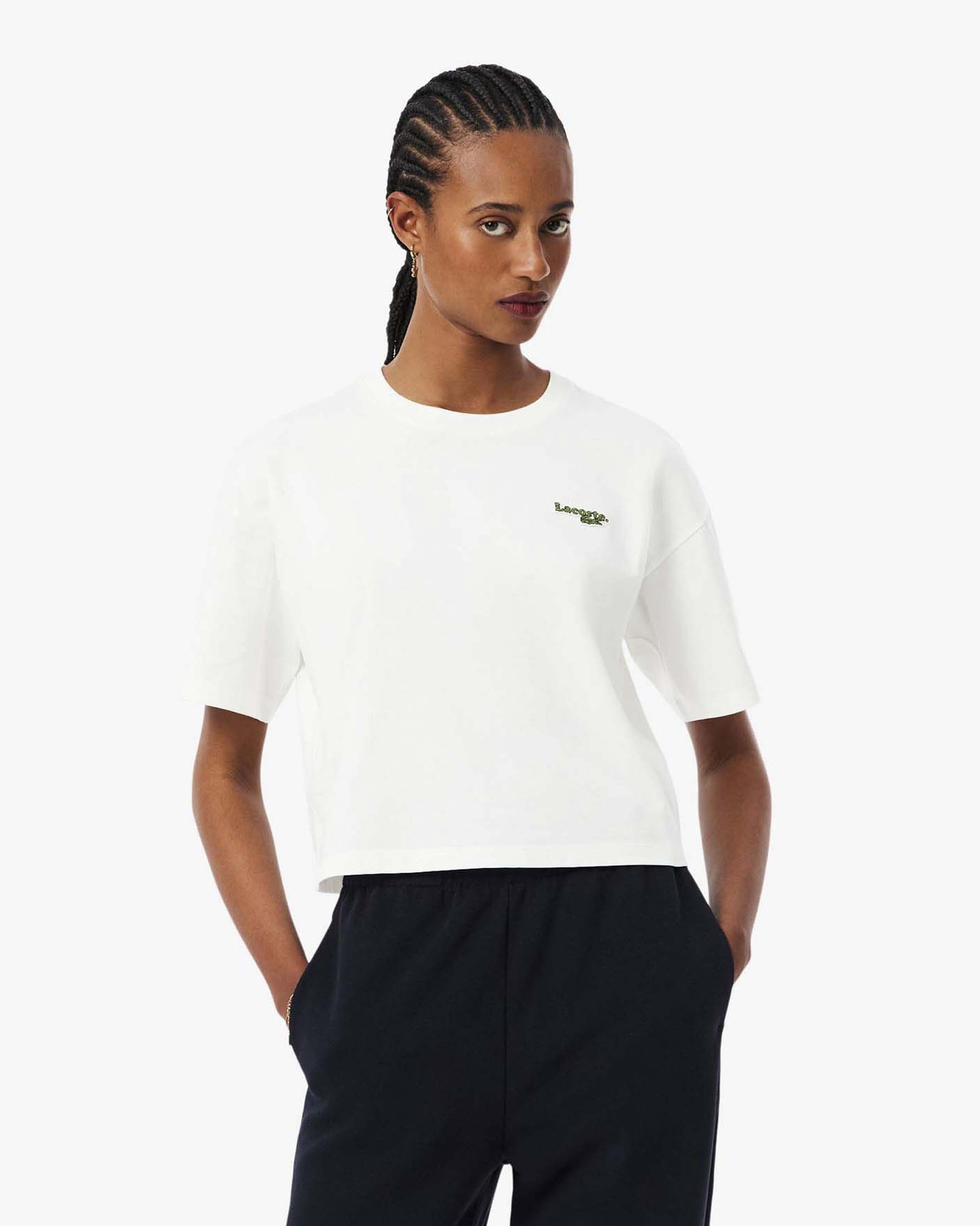 T-shirt cropped bianca girocollo Lacoste in jersey di cotone