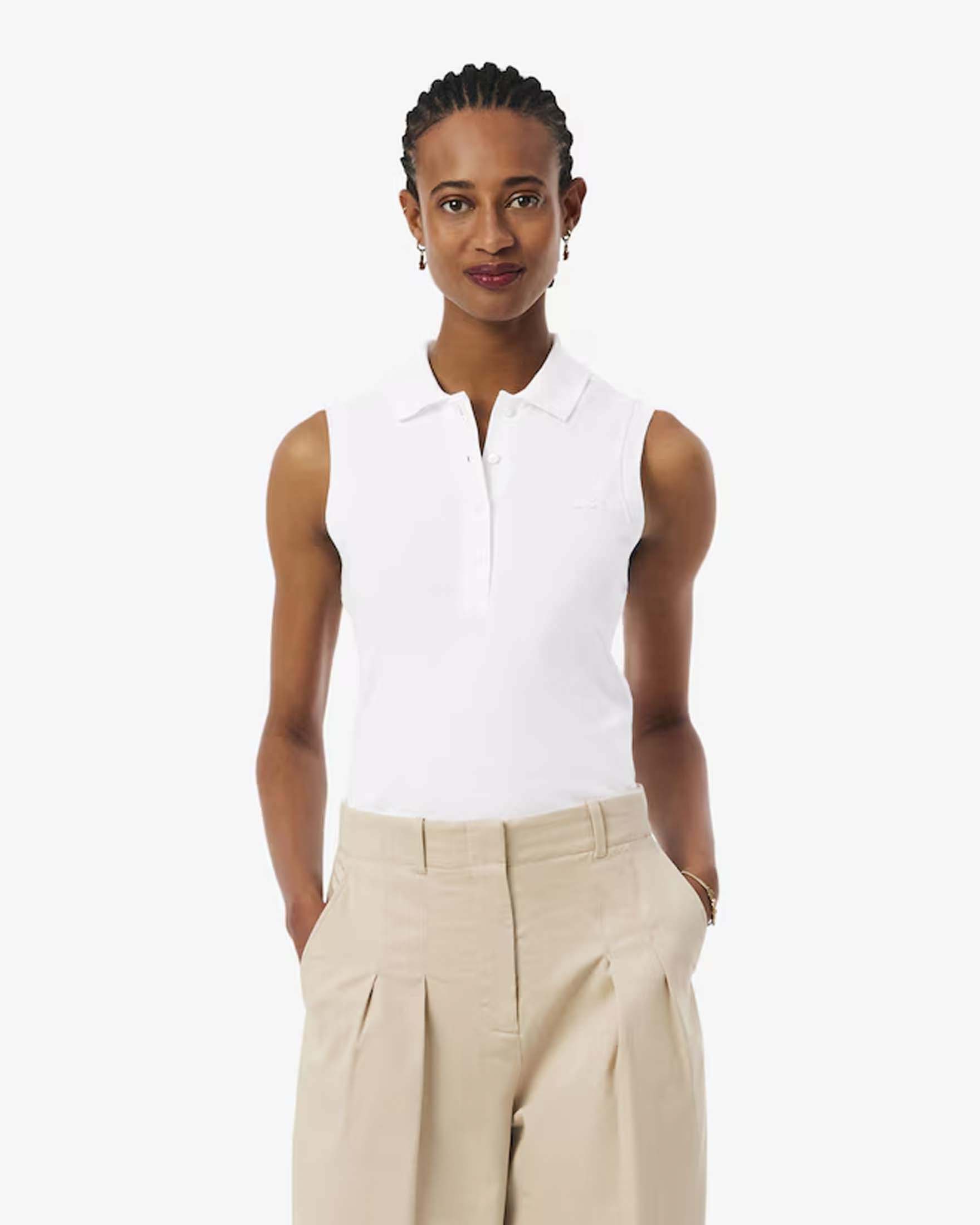 Polo bianca Lacoste senza maniche in piquè di cotone elasticizzato
