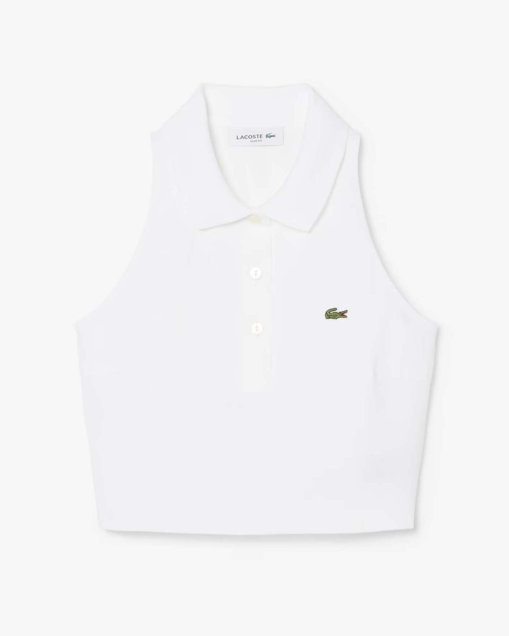 Polo cropped bianca senza maniche Lacoste in piquè di cotone elasticizzato