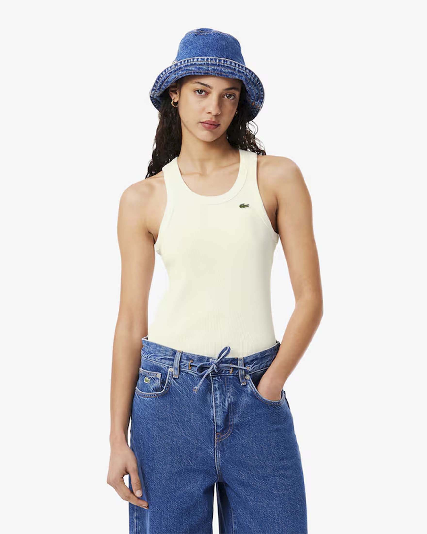 Canotta avorio Lacoste in cotone elasticizzato a costine