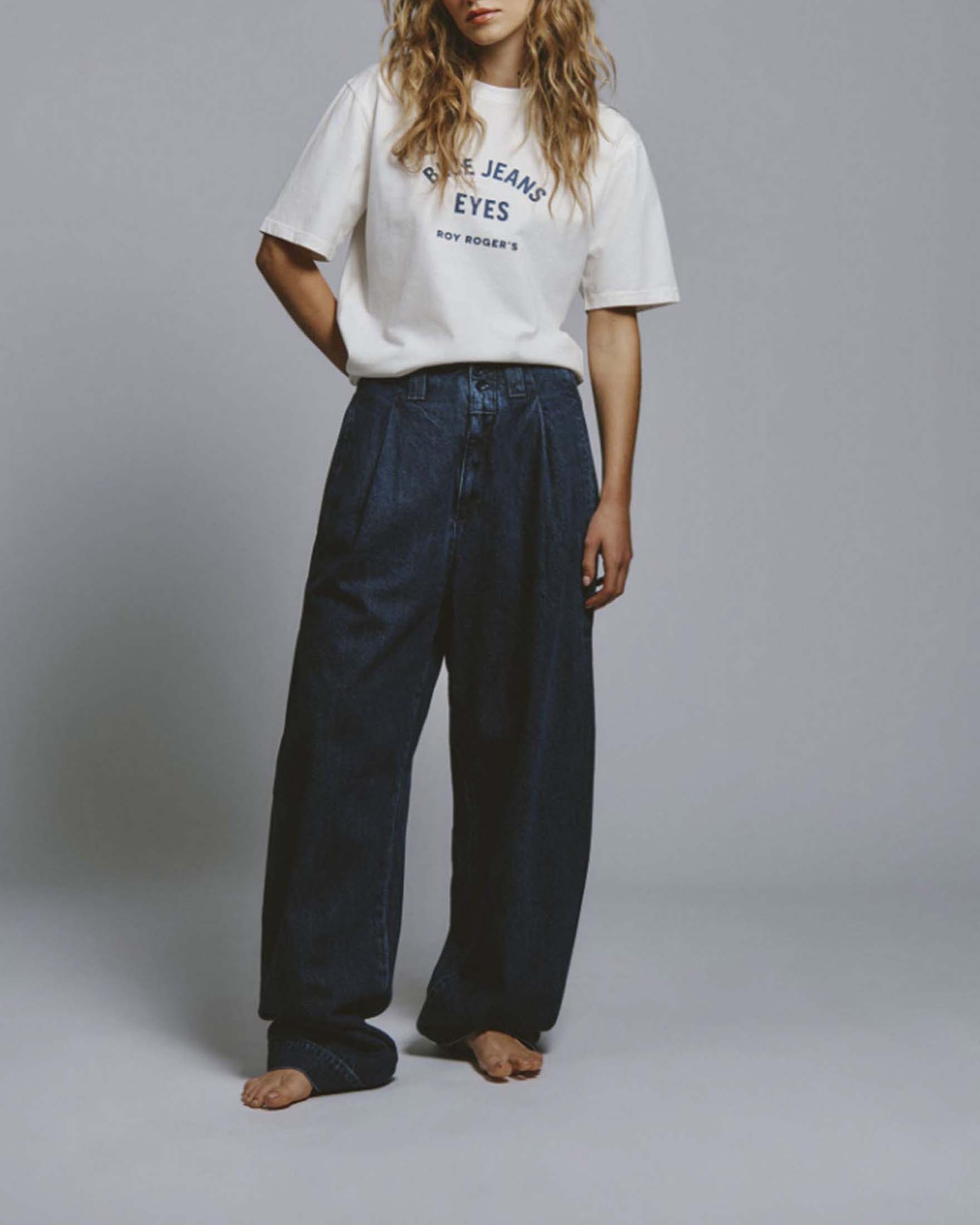 T-shirt girocollo a maniche corte bianca Roy Roger's in puro cotone con scritta stampata blu