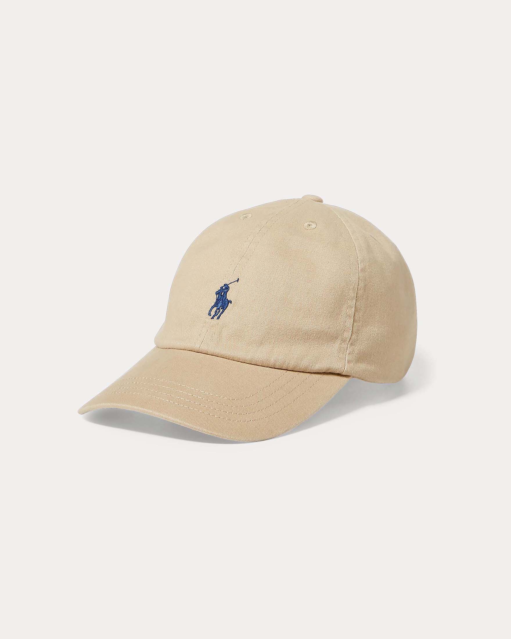Berretto da bambino beige in cotone con frontino e logo icon blu