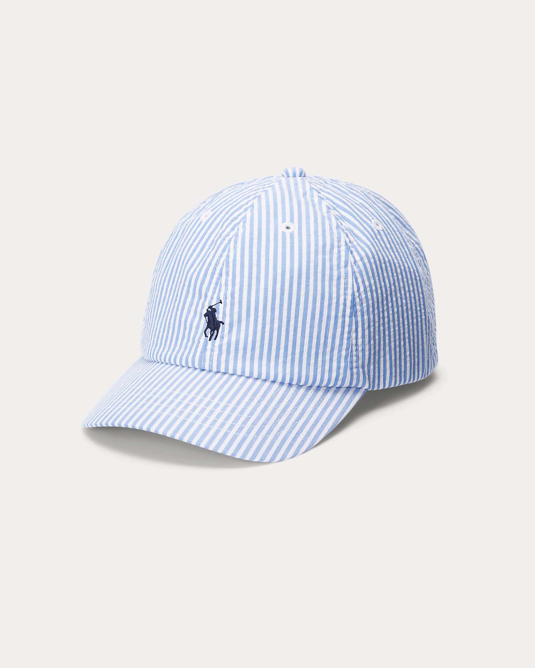 Berretto a righe azzurro e bianco in cotone con frontino e logo icon blu