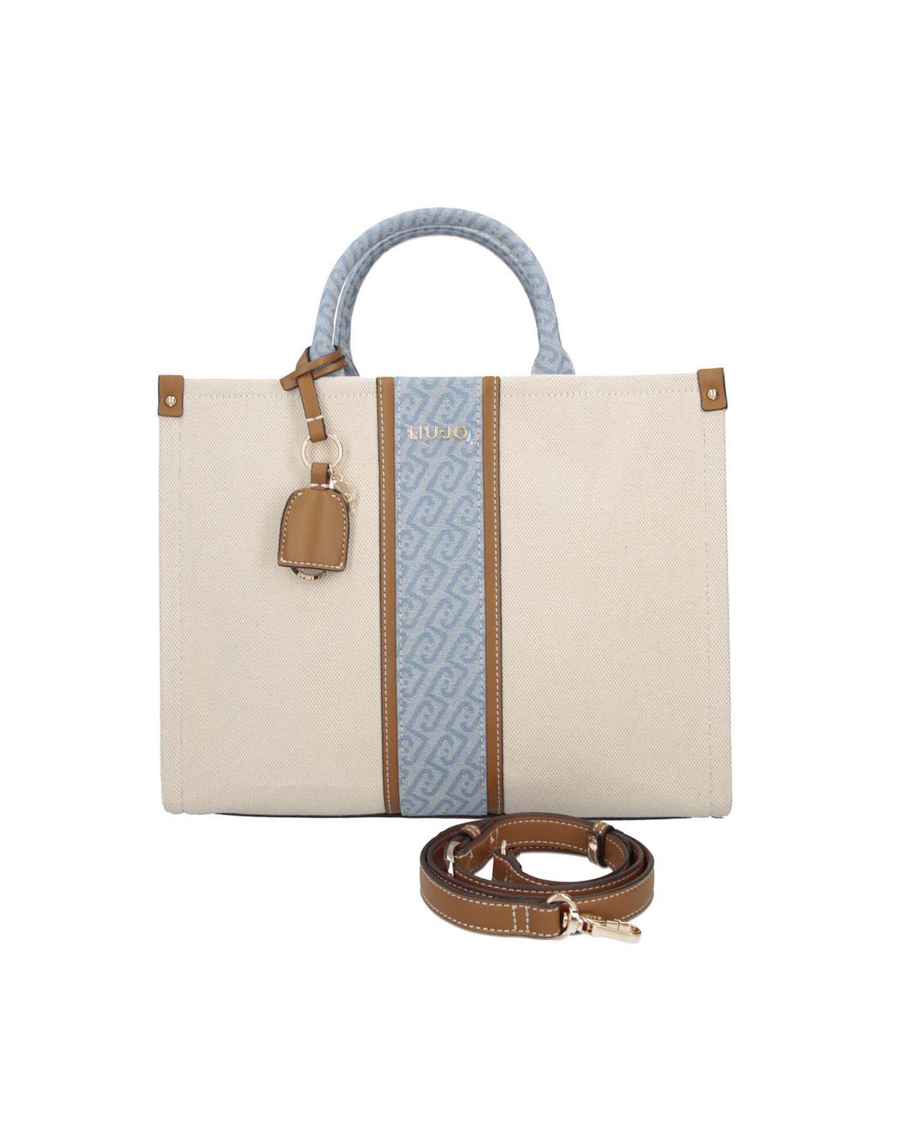 Borsa Liu Jo Accessories beige in canvas di cotone con inserto denim e logo jacquard