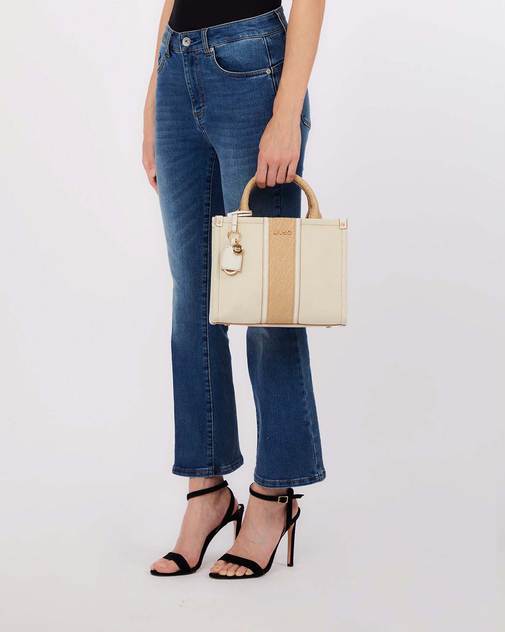 Borsa Liu Jo Accessories beige in canvas di cotone con inserto color sabbia e logo jacquard image