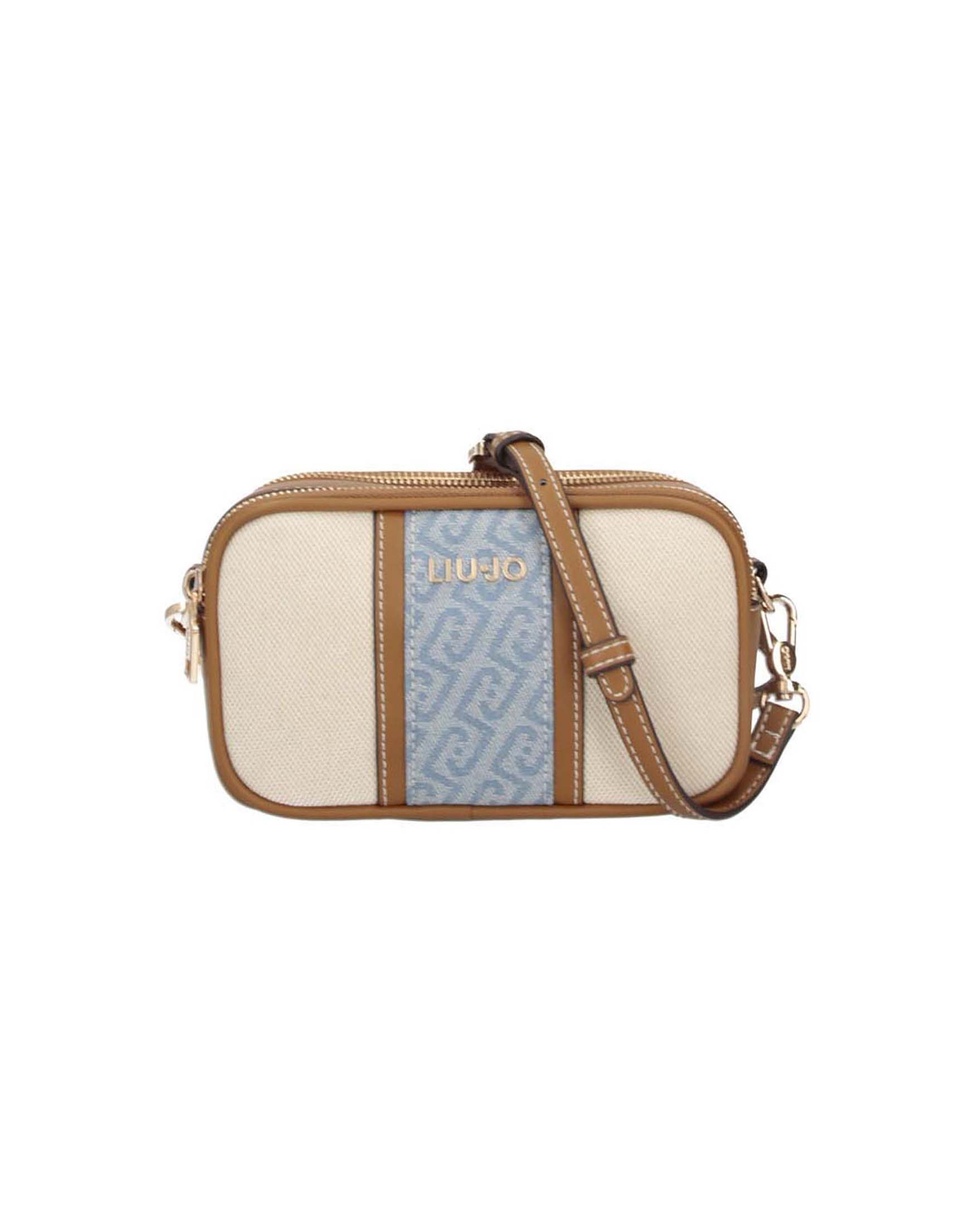 Borsa a tracolla Liu Jo Accessories beige in canvas di cotone con inserto denim e logo jacquard