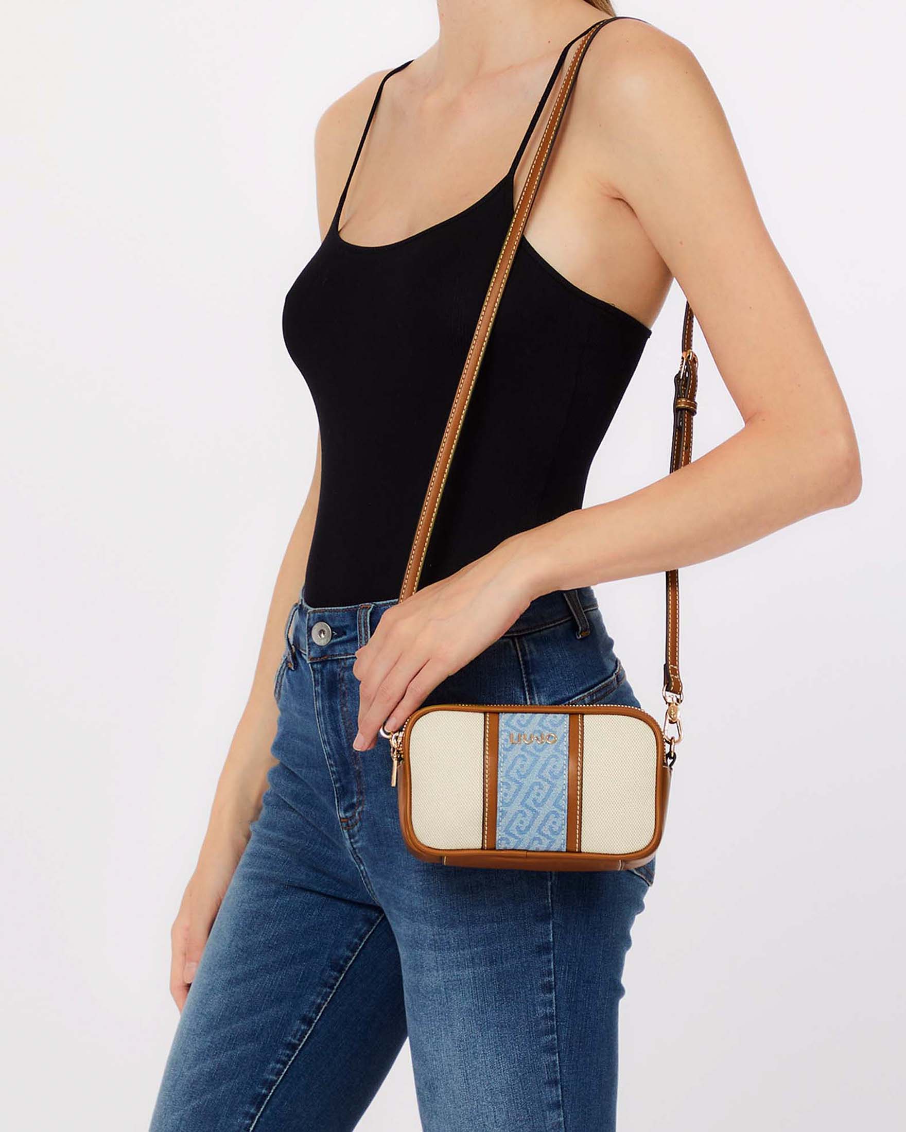 Borsa a tracolla Liu Jo Accessories beige in canvas di cotone con inserto denim e logo jacquard image