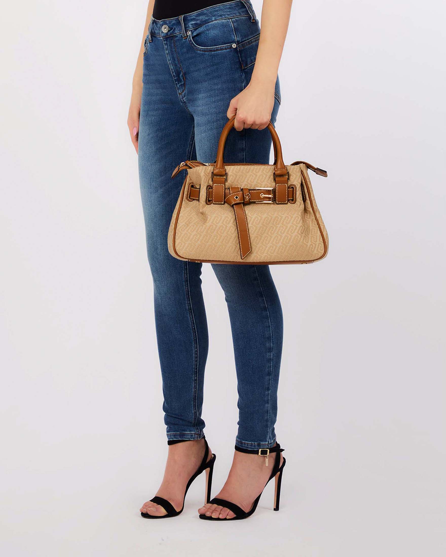 Borsa a mano Liu Jo Accessories color cammello con logo monogramma jacquard e tracolla image