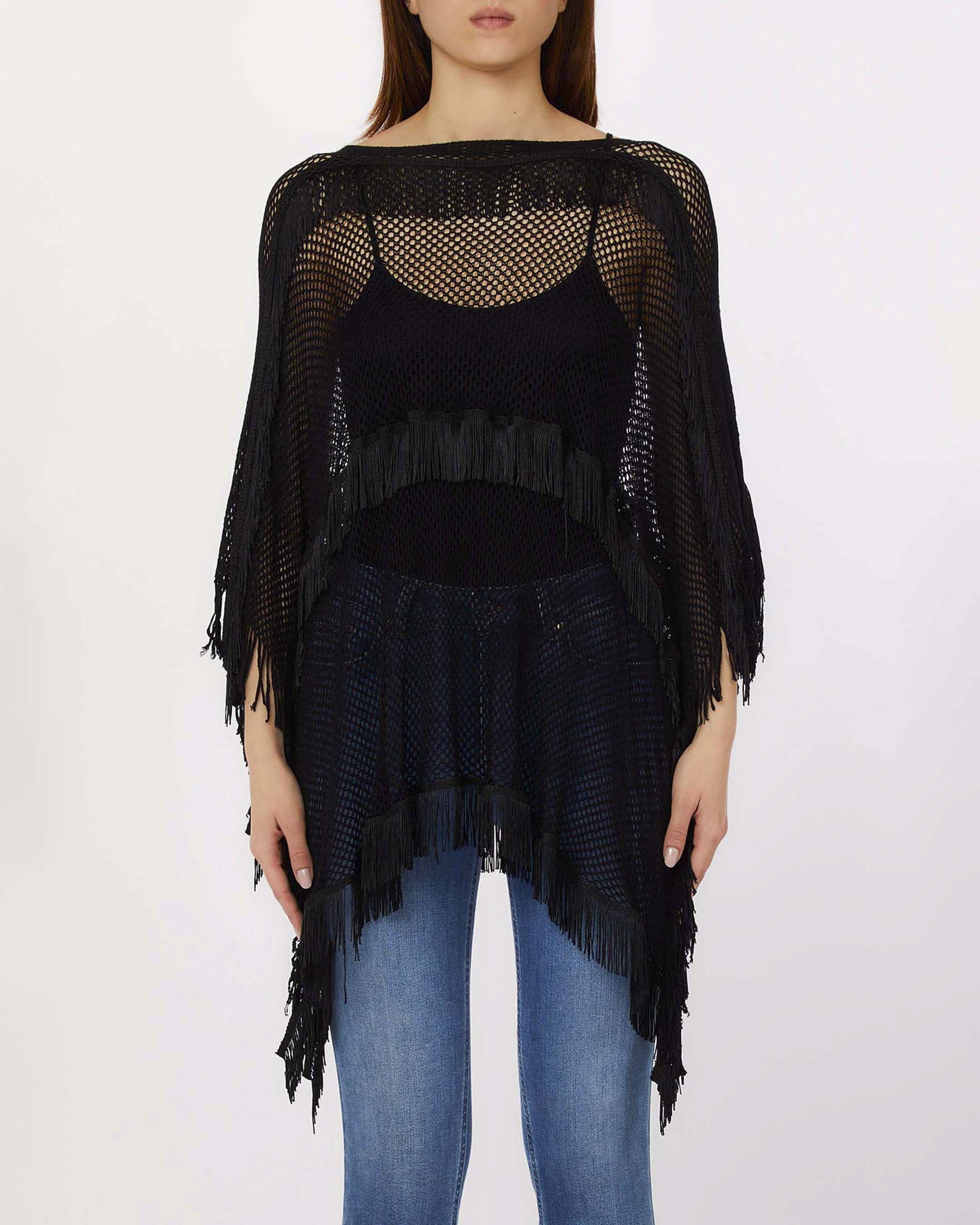 Poncho Liu Jo Accessories nero in rete con frange in tessuto a maglia larga