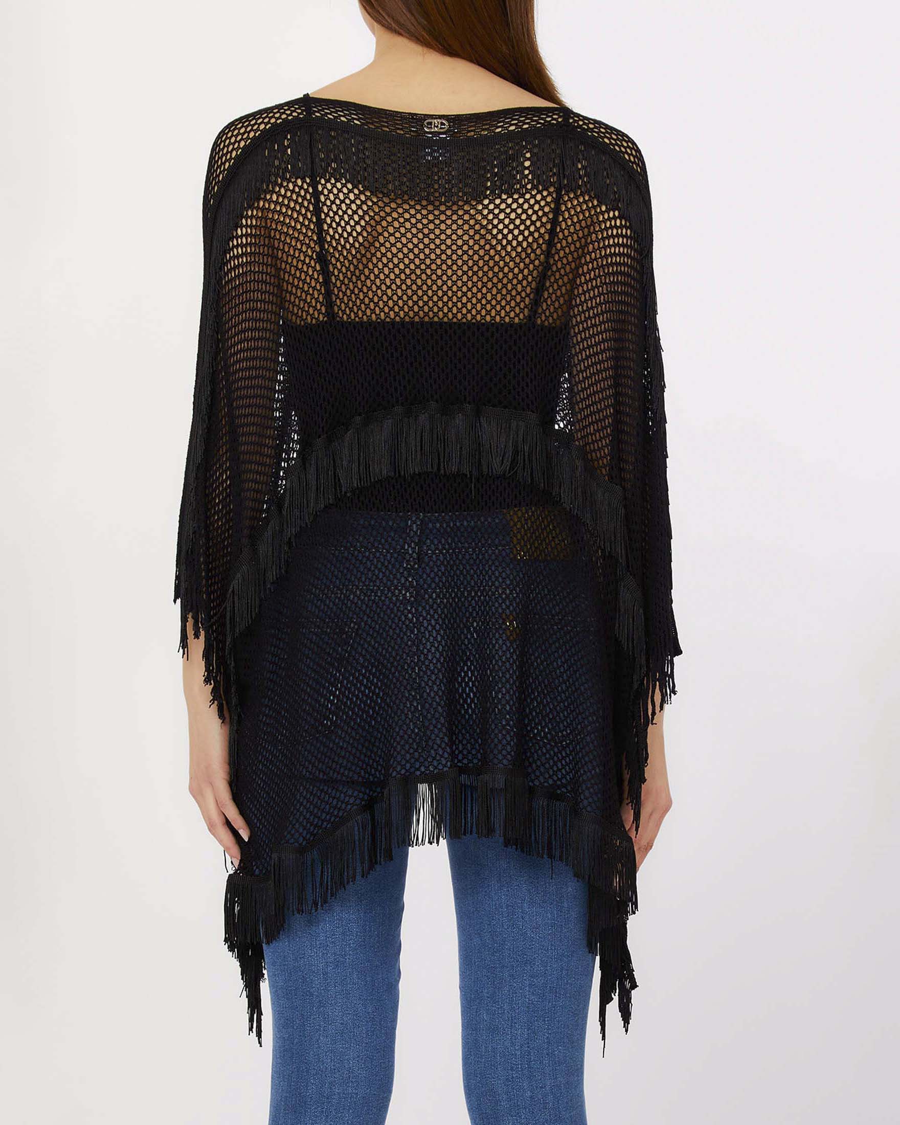 Poncho Liu Jo Accessories nero in rete con frange in tessuto a maglia larga image