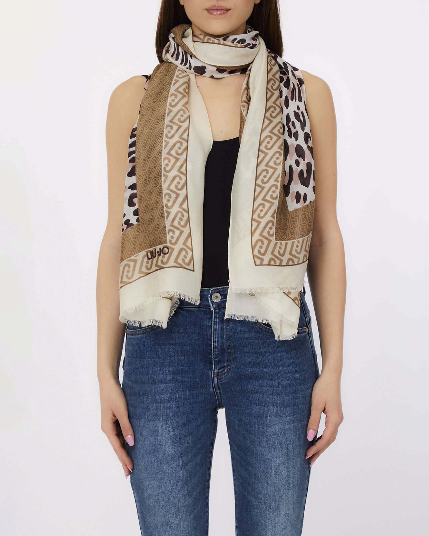 Sciarpa Liu Jo Accessories beige in modal con stampa animalier e logo monogramma