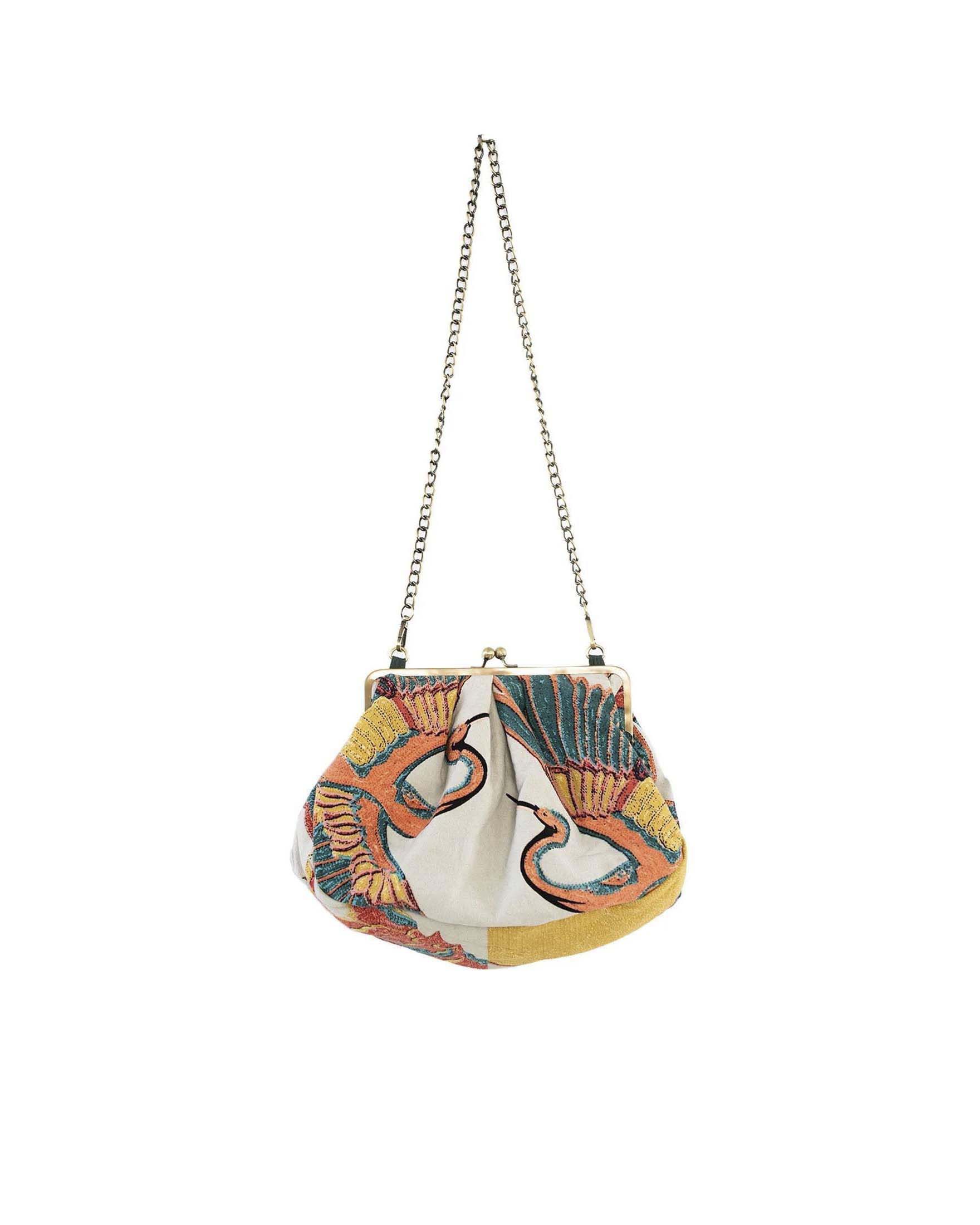 Borsa a tracolla Kiss Lock Clutch in puro cotone beige e arancione