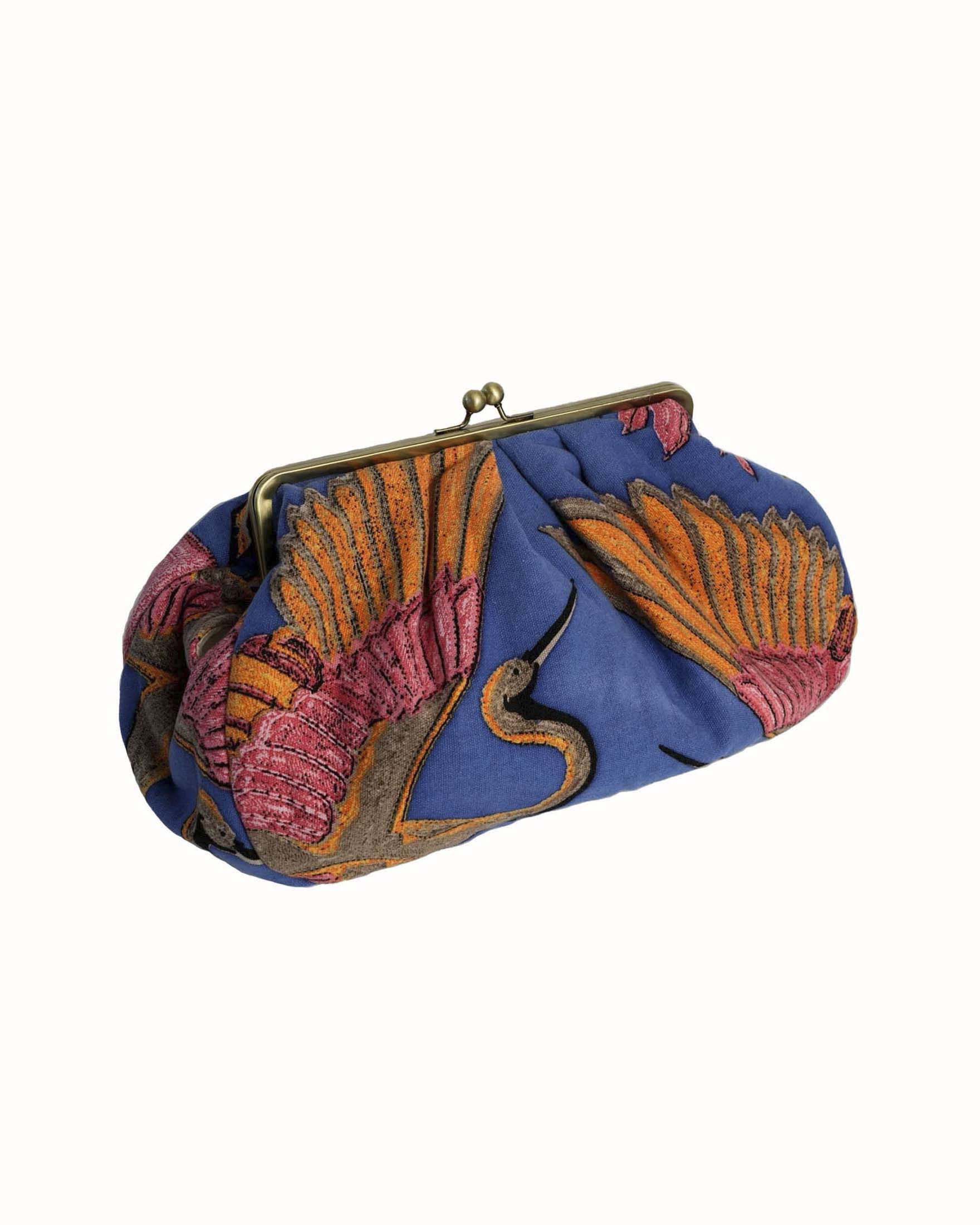 Borsa a tracolla Kiss Lock Clutch pervinca in puro cotone con ricami multicolor