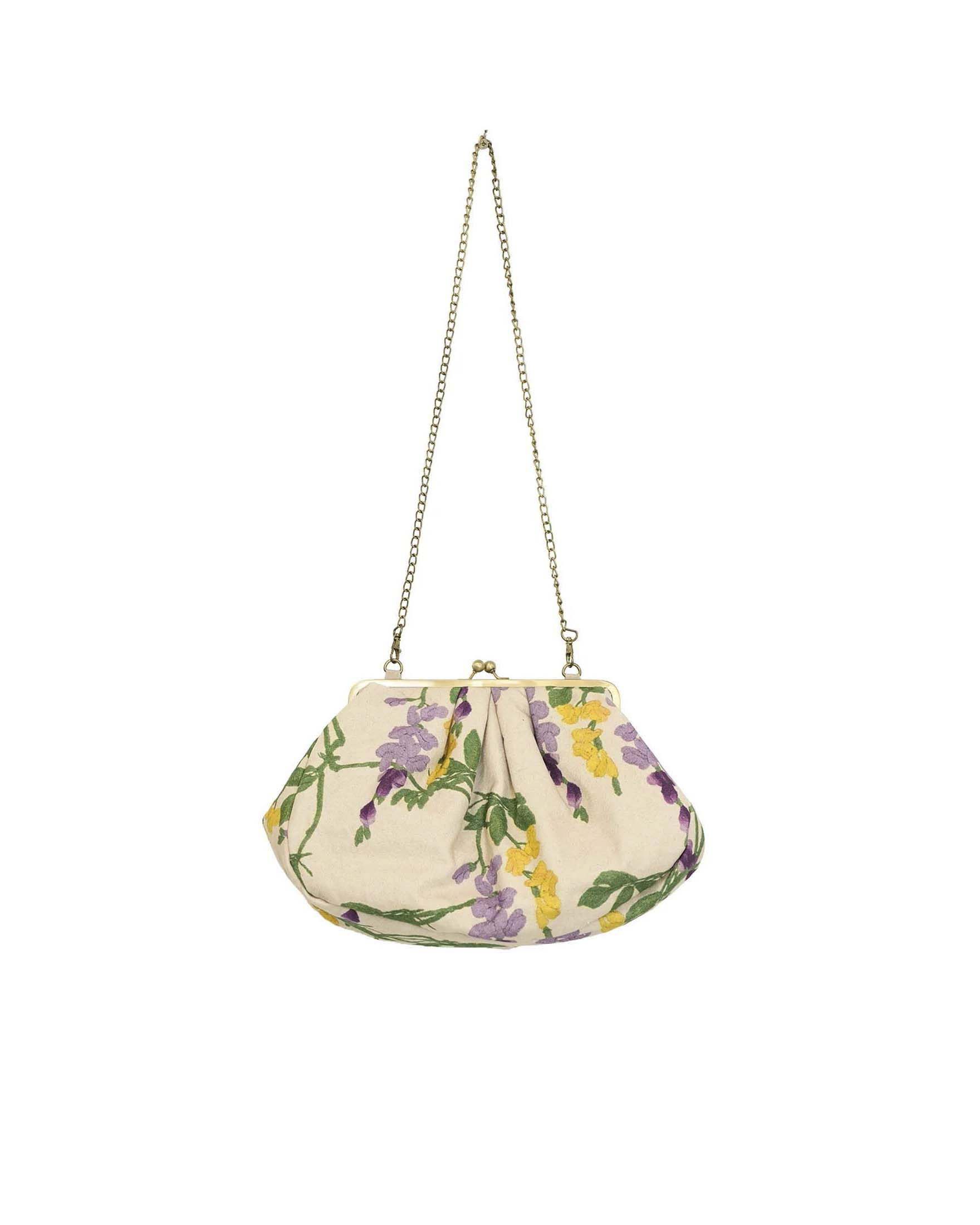 Borsa a tracolla Wisteria Kiss Lock Clutch in puro cotone beige con ricami floreali