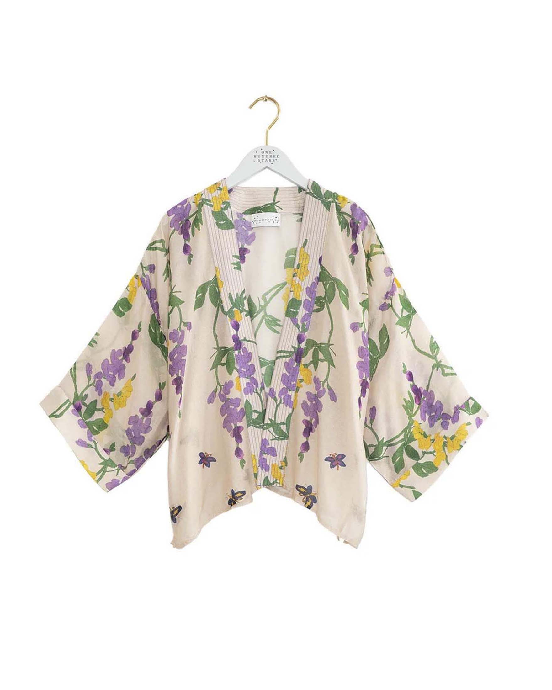 Kimono corto beige in modal e cupro con fiori di glicine