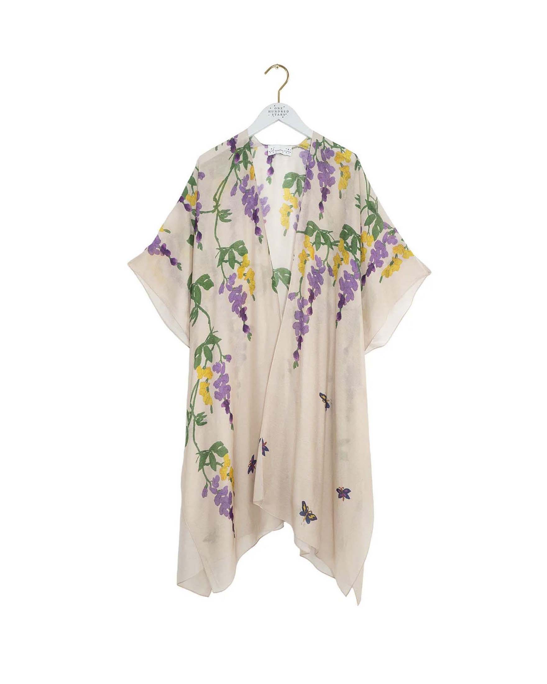 Kimono lungo aperto beige in modal e cupro con fiori di glicine