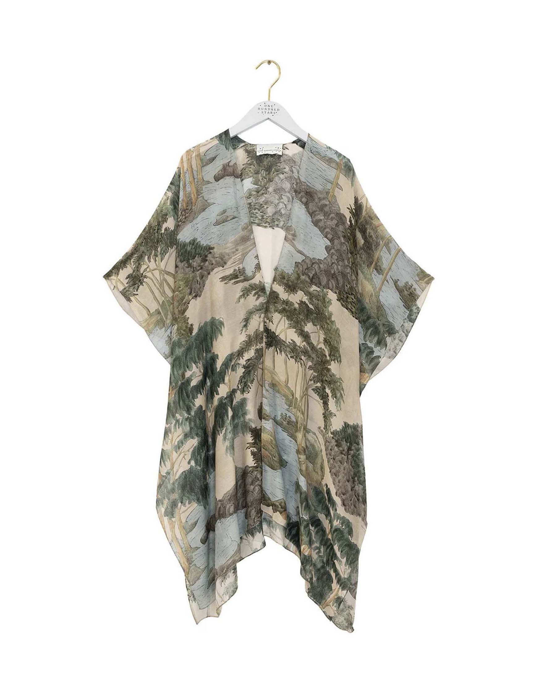 Kimono lungo beige in modal e cupro con stampa paesaggio verde
