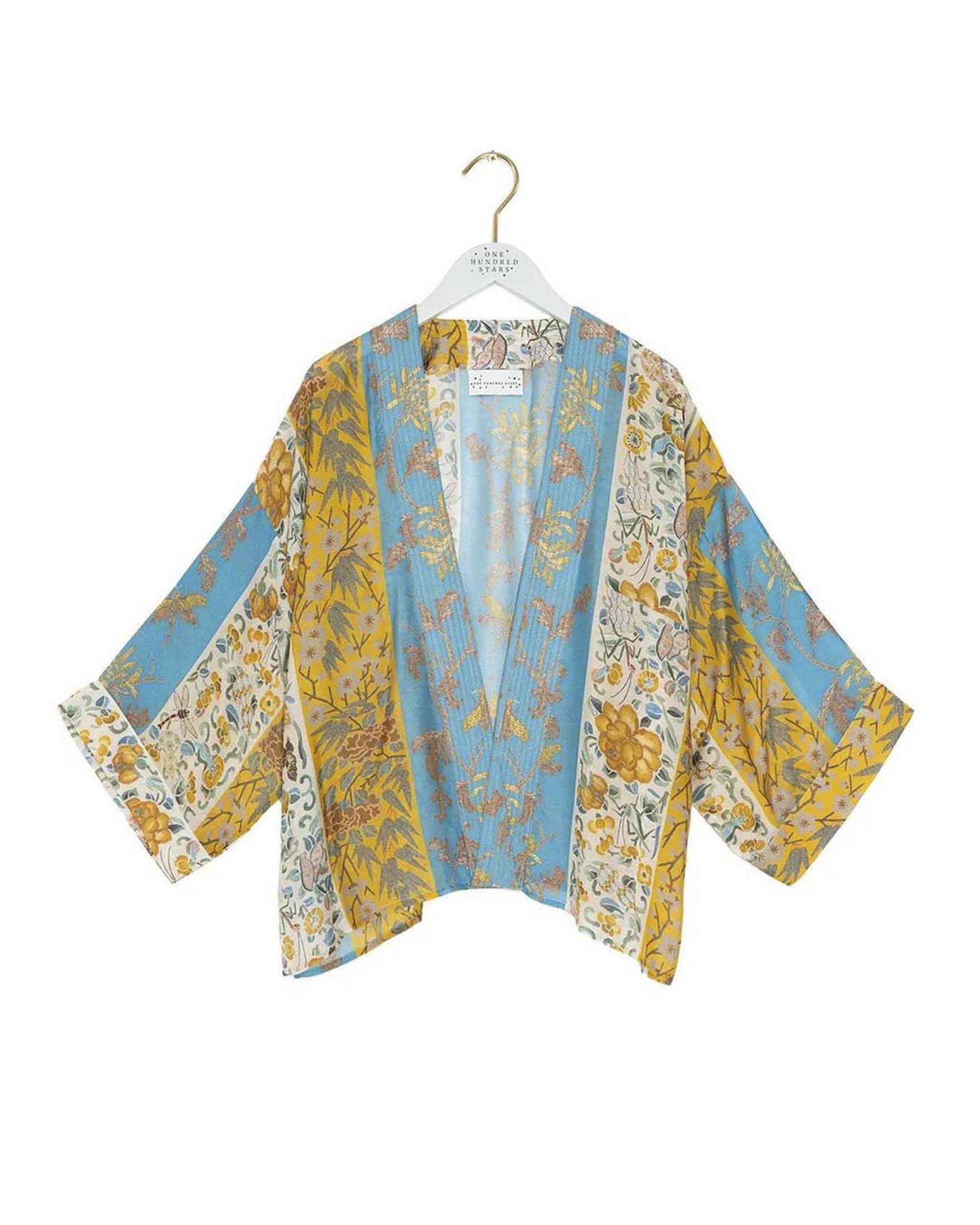 Kimono corto turchese in modal e cupro con stampa ricami orientali dorata