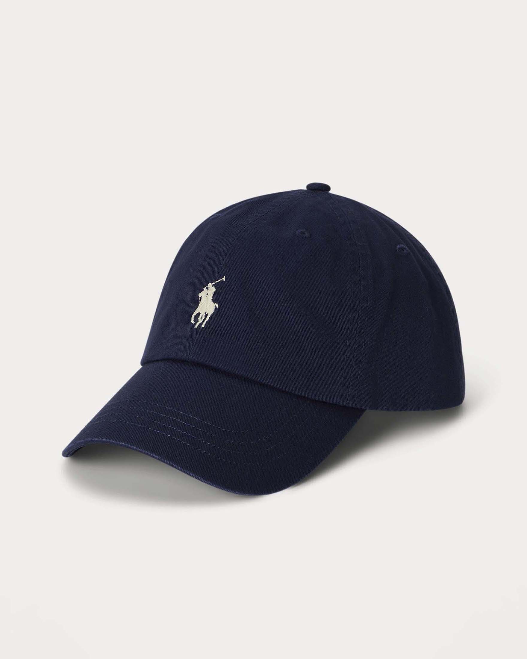 Polo Ralph Lauren — Berretto blu Polo Ralph Lauren con frontino e logo pony panna ricamato