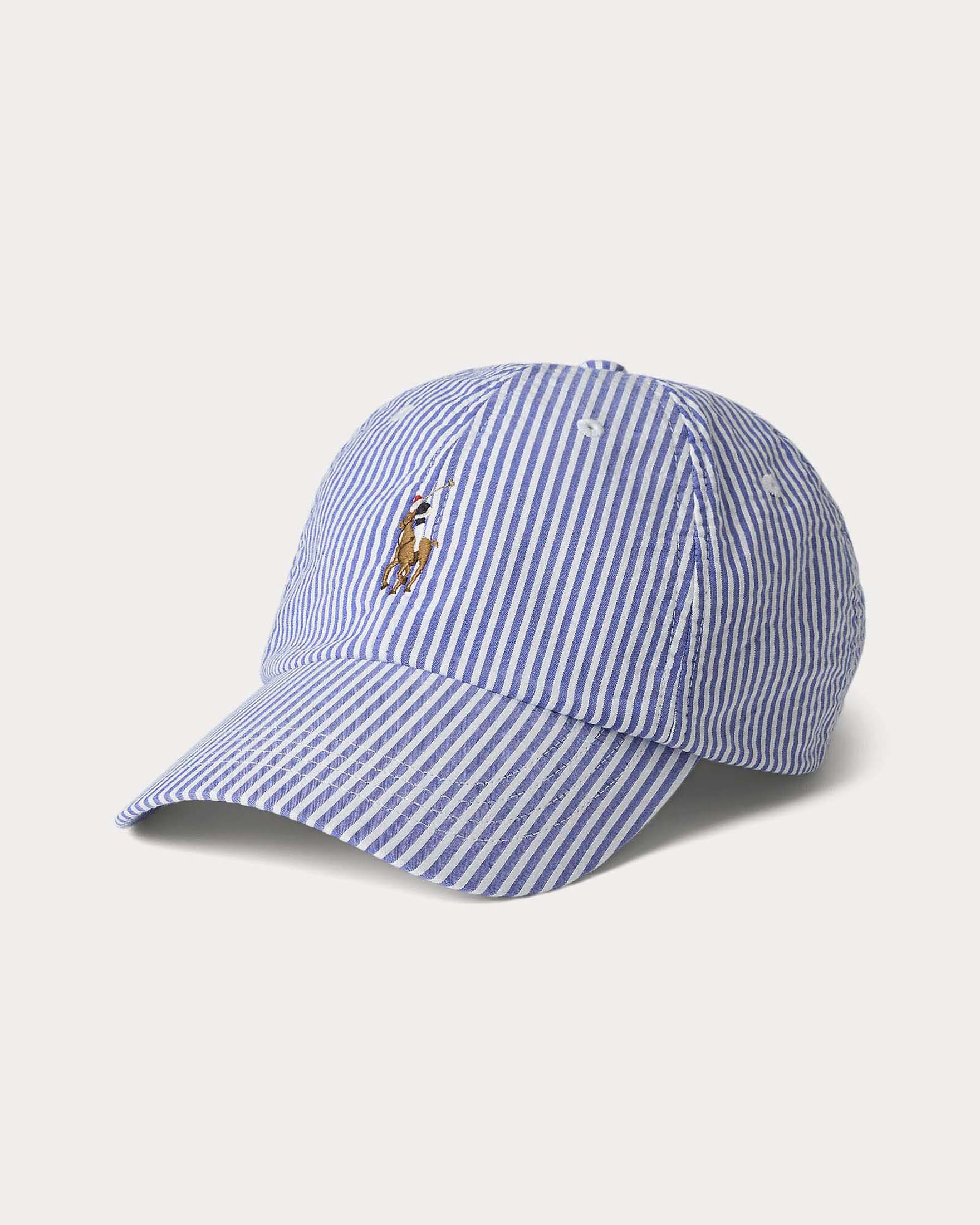 Berretto in seersucker e righe bianche e celesti Polo Ralph Lauren con frontino e logo pony ricamato