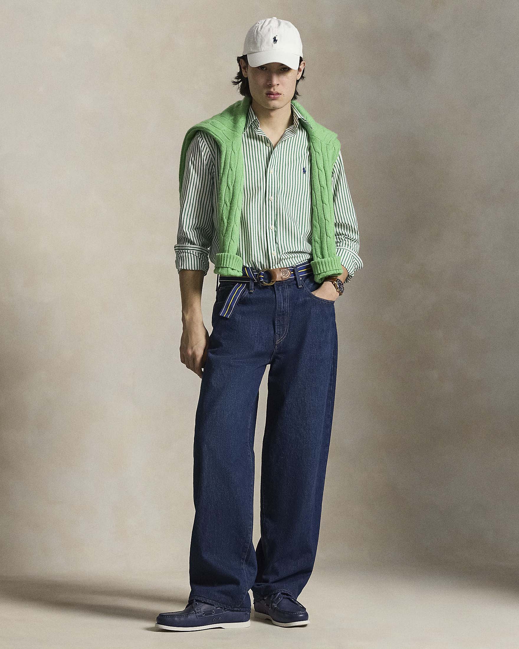 Camicia custom-fit a righe bianche e verdi in popeline di cotone con colletto button-down