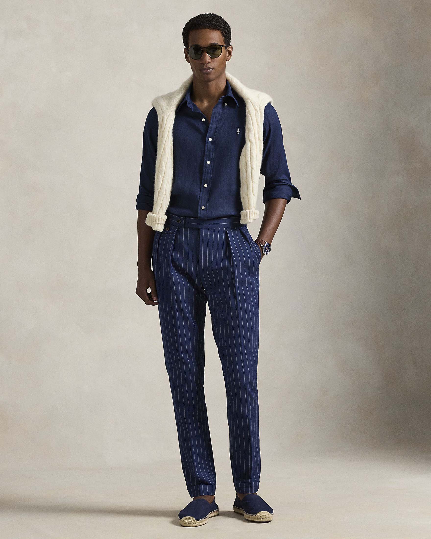 Camicia Polo Ralph Lauren blu in puro lino button down custom-fit