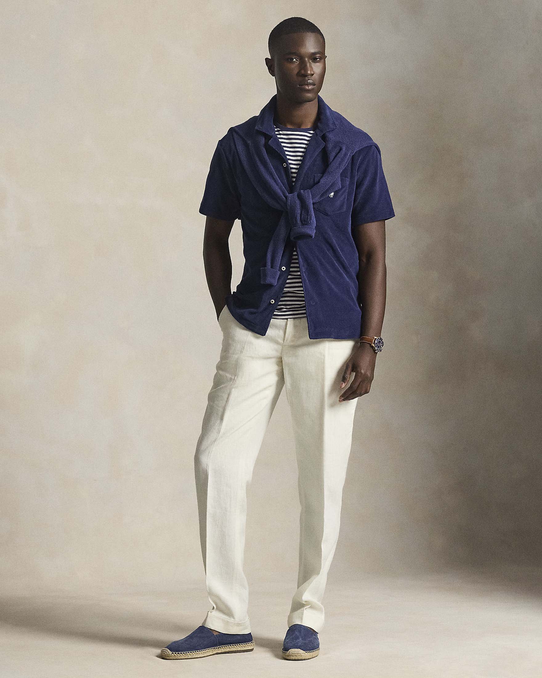 Camicia mezza manica Polo blu in spugna di cotone con taschino al petto