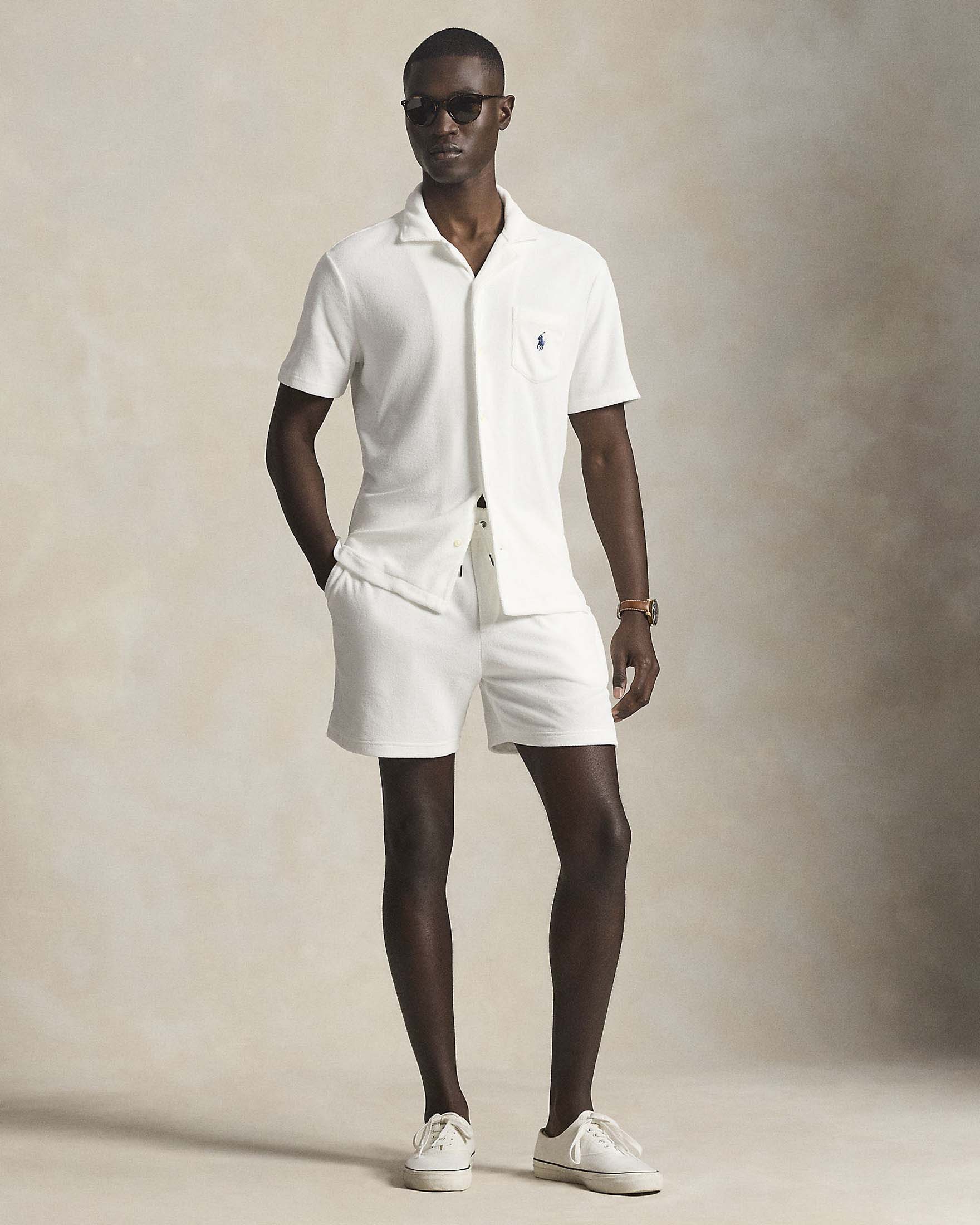 Camicia mezza manica Polo bianca in spugna di cotone con taschino al petto