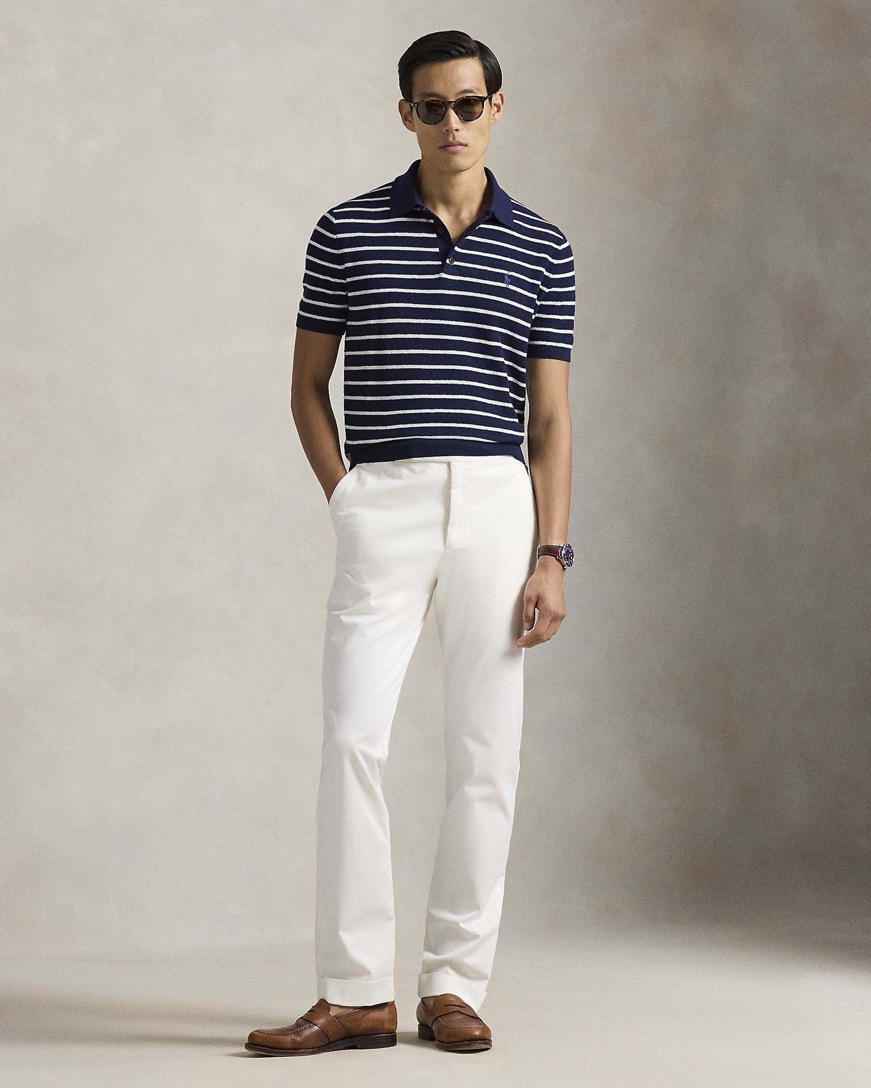 Polo blu a righe bianche in maglia di cotone e lino Polo Ralph Lauren regular-fit