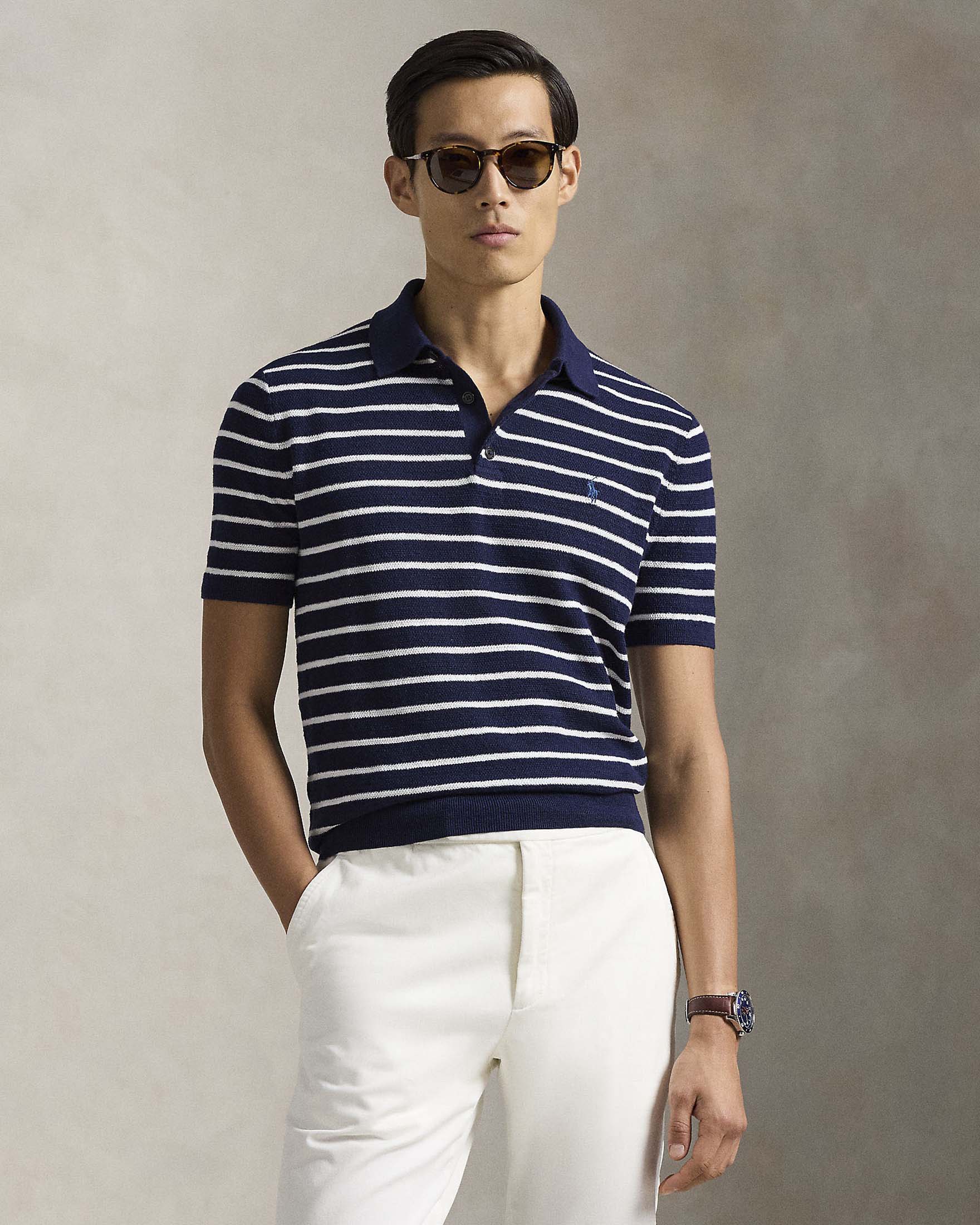 Polo blu a righe bianche in maglia di cotone e lino Polo Ralph Lauren regular-fit image
