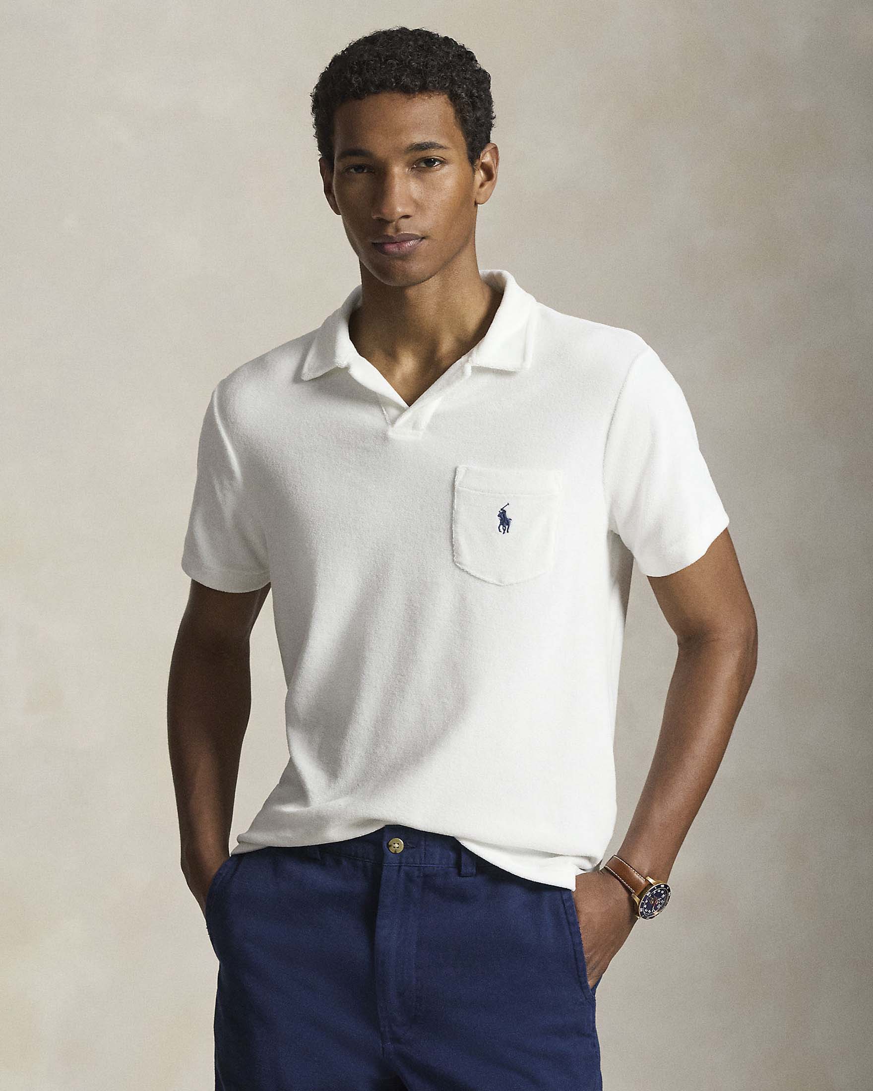 Polo bowling mezza manica Polo Ralph Lauren bianca in spugna di cotone con taschino al petto image