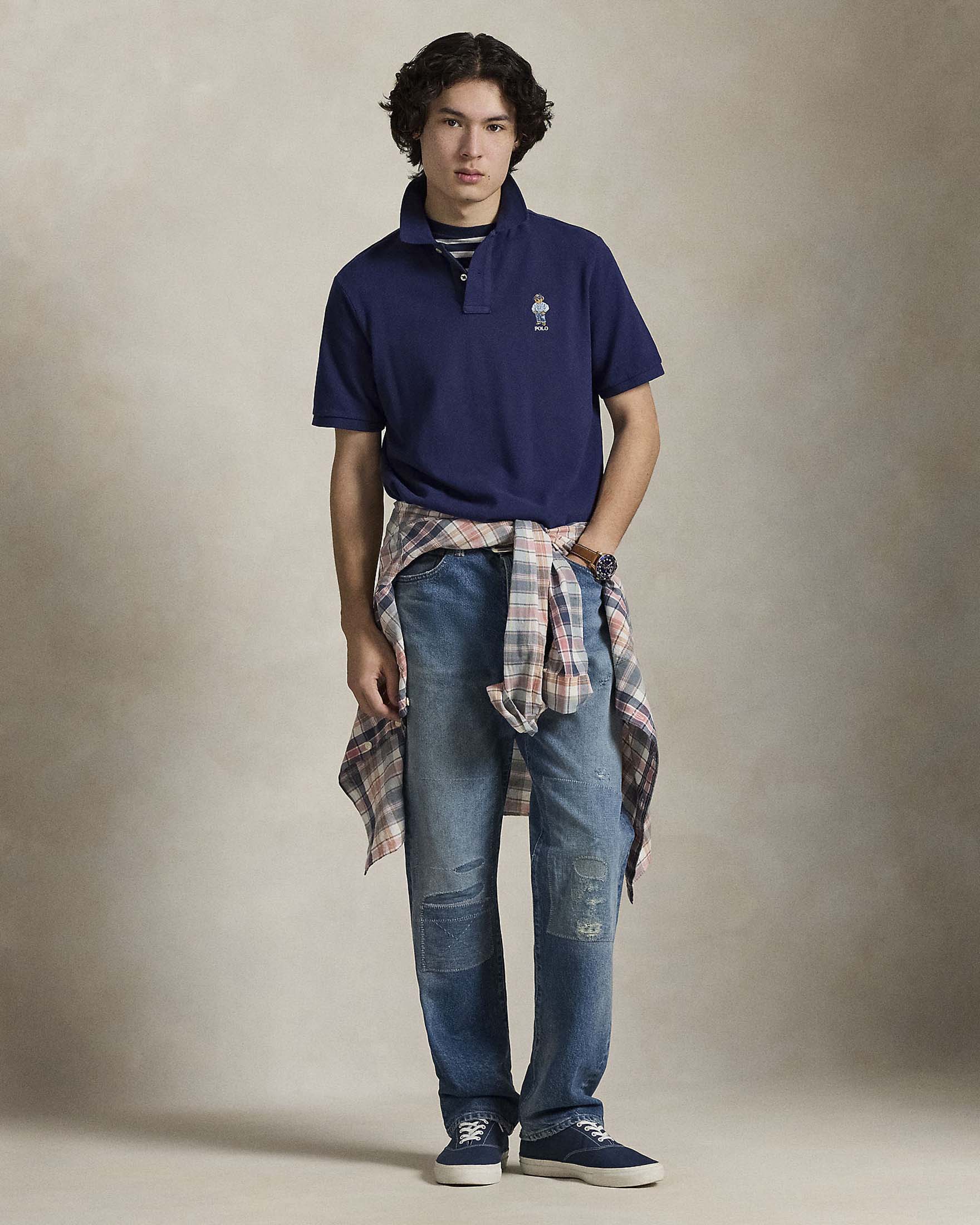 Polo blu mezza manica Polo con ricamo Polo Bear al petto