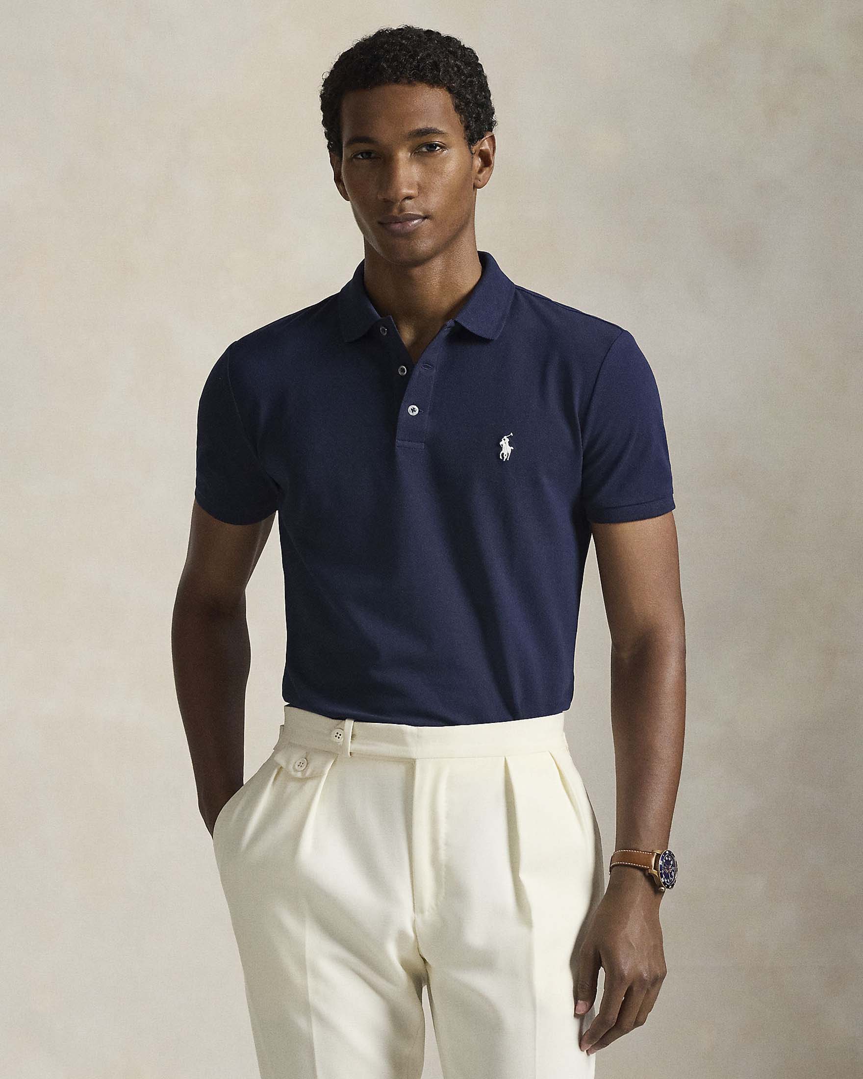 Polo blu mezza manica Polo Ralph Lauren in piquè di cotone stretch custom-slim fit image