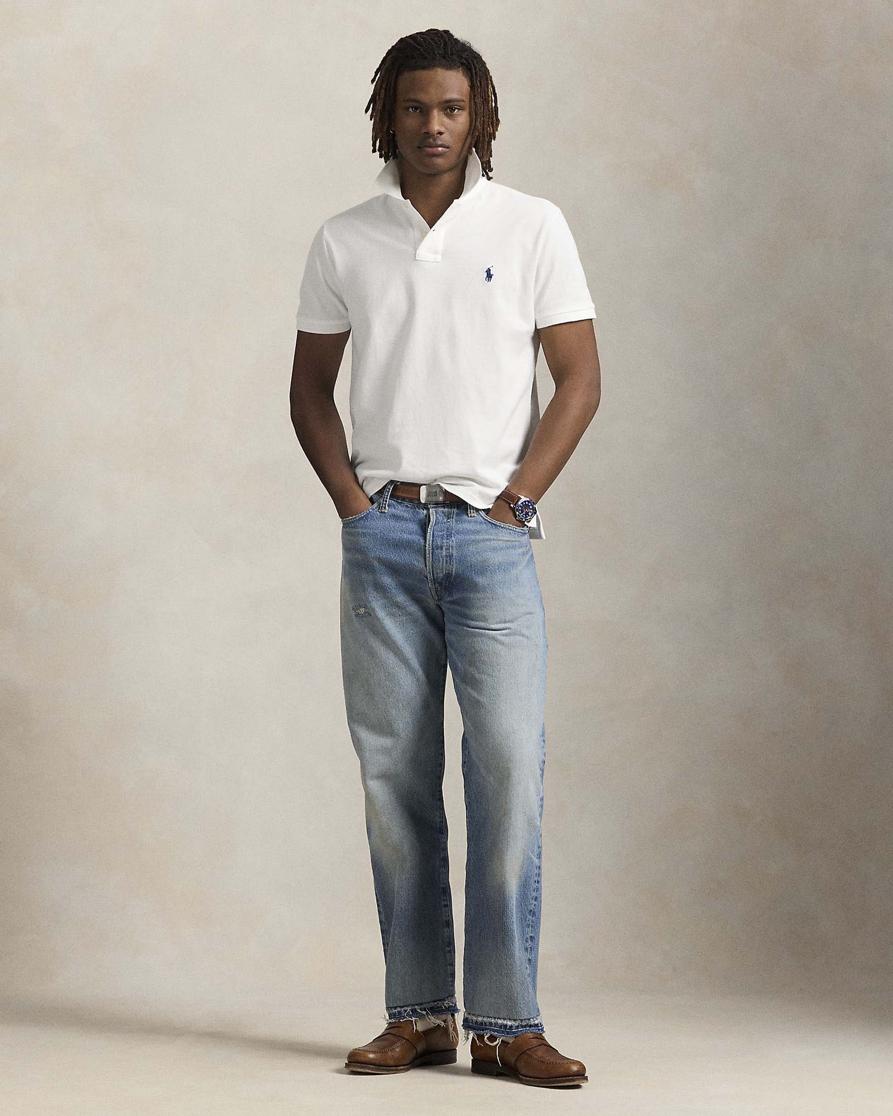Polo bianca custom slim-fit mezza manica in piquè di puro cotone